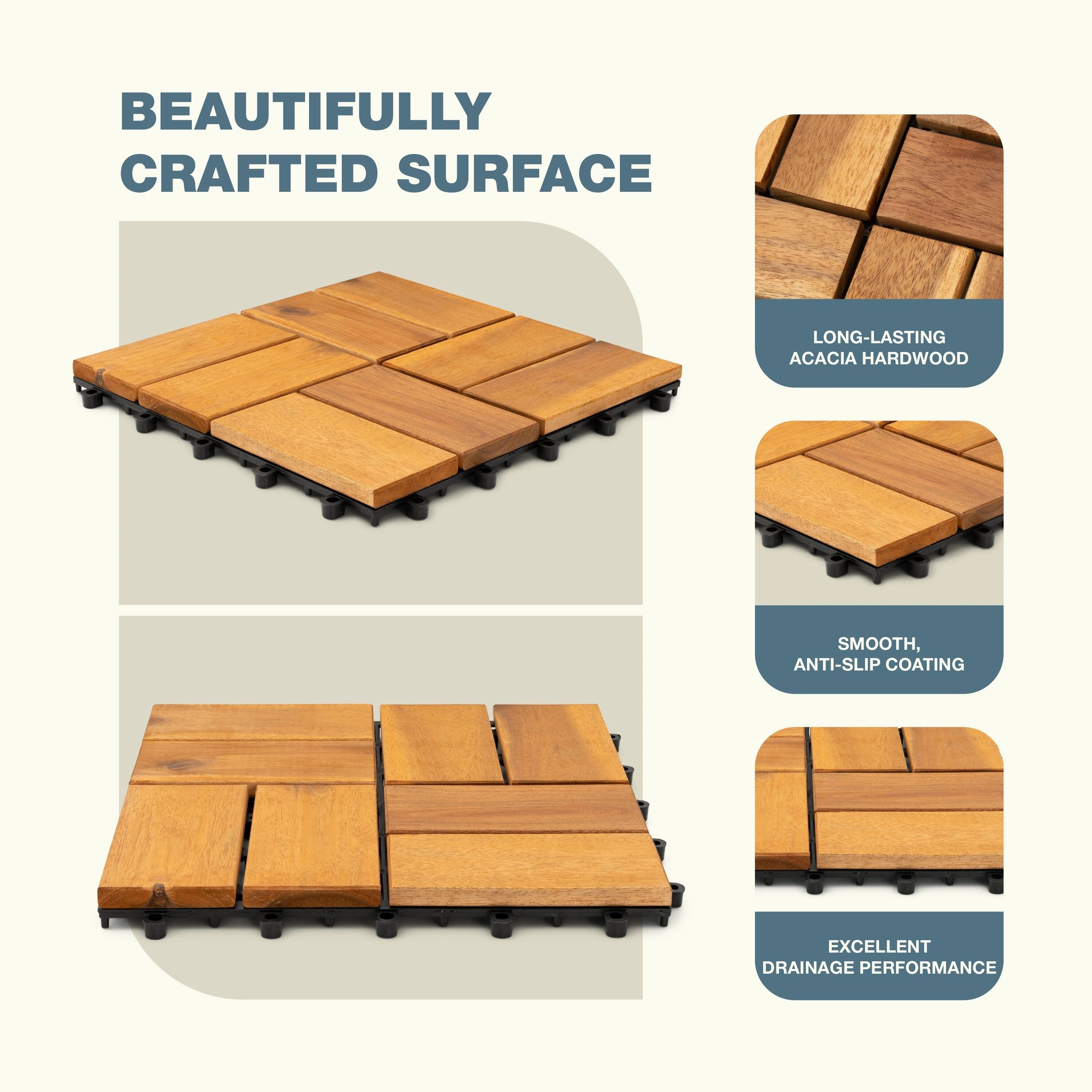 The text can be grouped and corrected as follows:

- Beautifully Crafted Surface
- Long-Lasting Acacia Hardwood
- Smooth, Anti-Slip Coating
- Excellent Drainage Performance