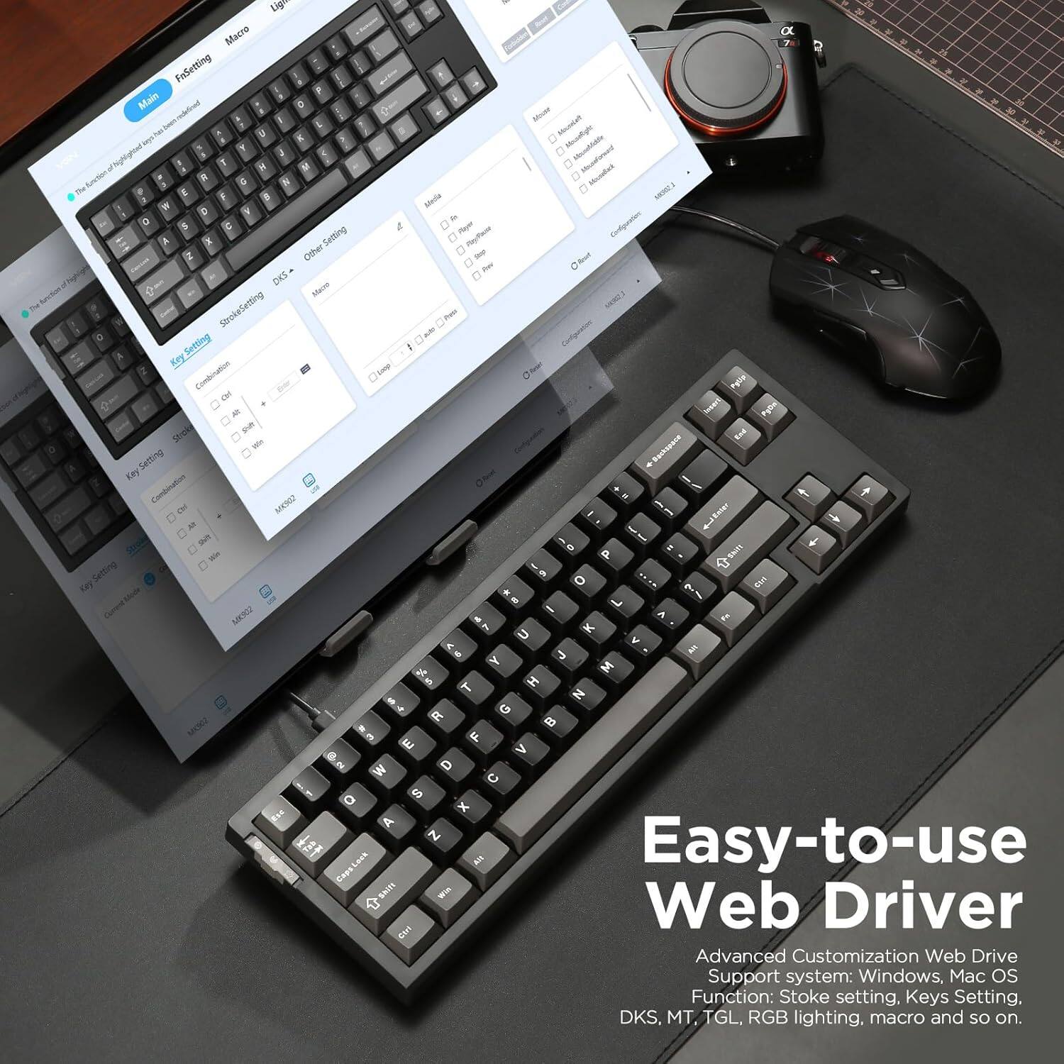 The text in the image can be grouped and corrected as follows:

---

**Easy-to-use Web Driver**

Advanced Customization Web Drive  
Support system: Windows, Mac OS  
Function: Stroke setting, Keys Setting, DKS, MT, TGL, RGB lighting, macro and so on.

---

This text highlights the features and compatibility of the web driver for the keyboard and mouse setup shown in the image.