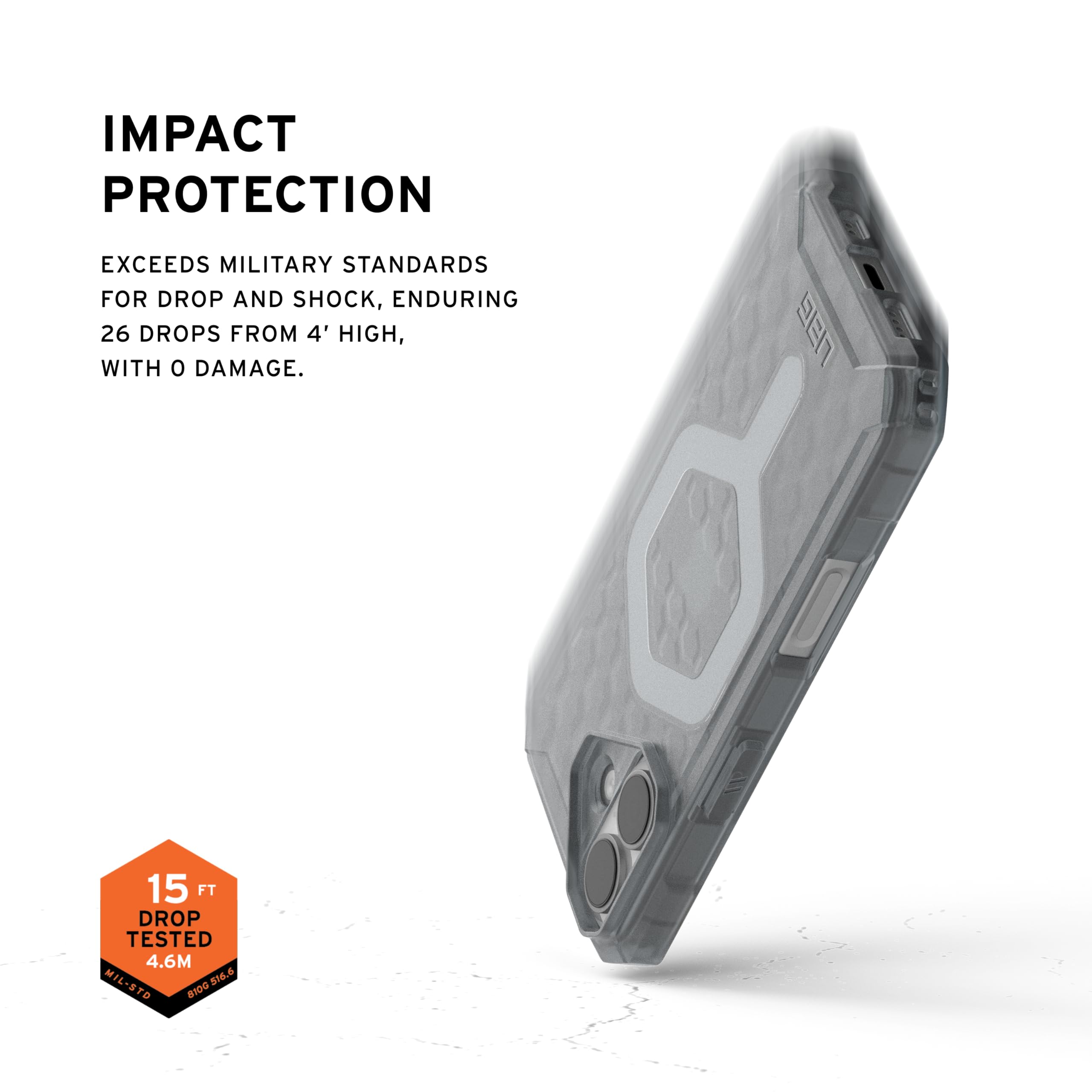 IMPACT PROTECTION

EXCEEDS MILITARY STANDARDS FOR DROP AND SHOCK, ENDURING 26 DROPS FROM 4' HIGH, WITH 0 DAMAGE.

15 FT DROP TESTED 4.6M - MIL-STD 810G