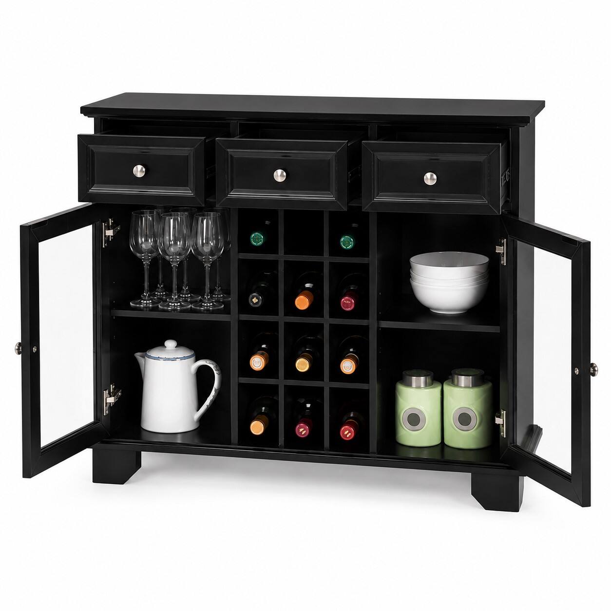 Alt View 5. Kings Brand Furniture - Kings Brand Furniture Buffet Server Sideboard Cabinet with Wine Storage, Black - Black.
