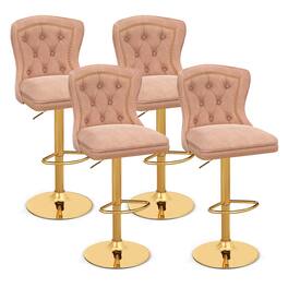 Gymax - 4 PCS Dutch Velvet Bar Stool w/ Footrest Electroplated Metal Base & Anti-Slip Ring - Pink