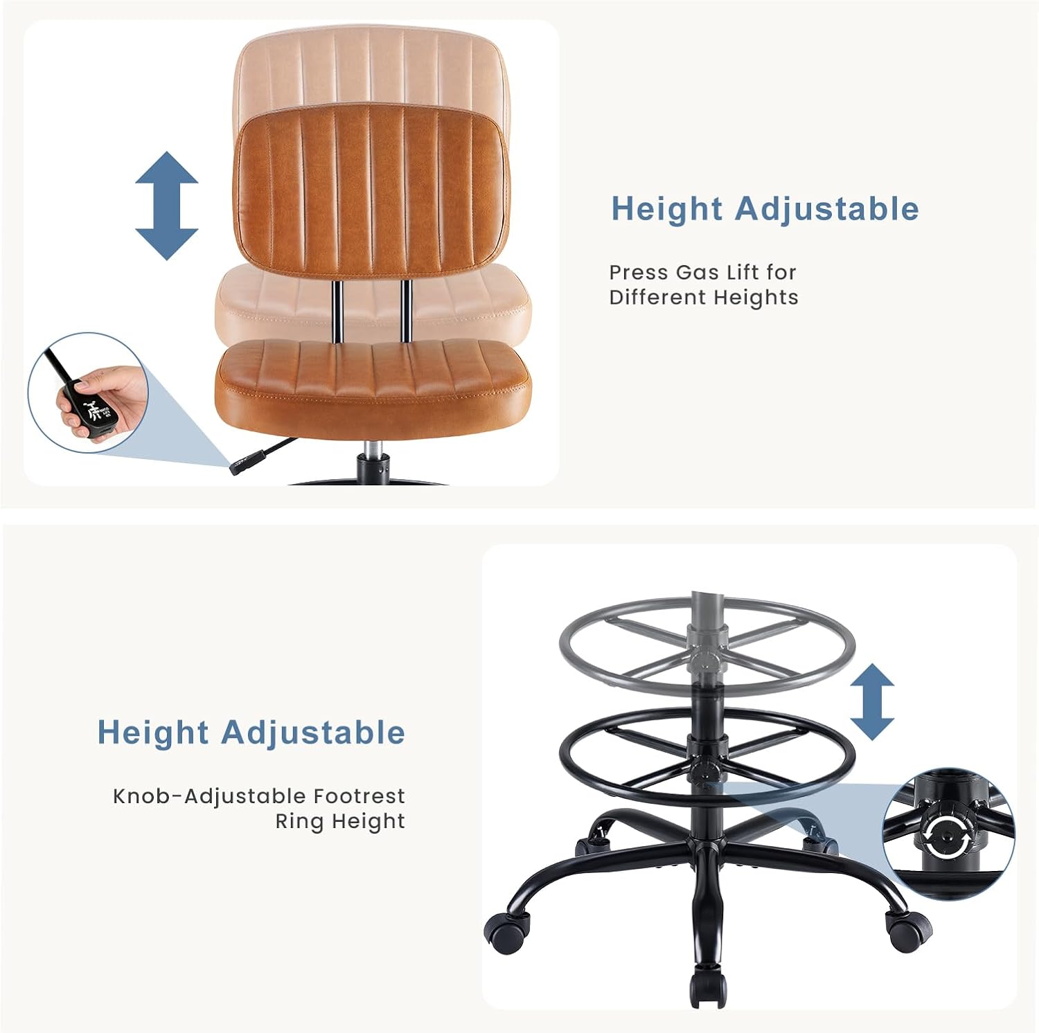 Height Adjustable Press Gas Lift for Different Heights  
Height Adjustable Knob-Adjustable Footrest Ring Height