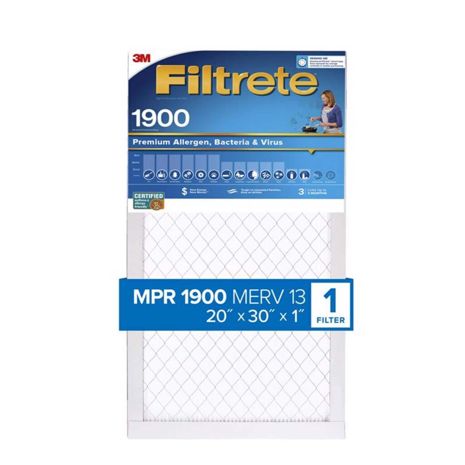 Filtrete - 30 in. W X 20 in. H X 1 in. D 1900 MPR Pleated Air Filter 1 pk
