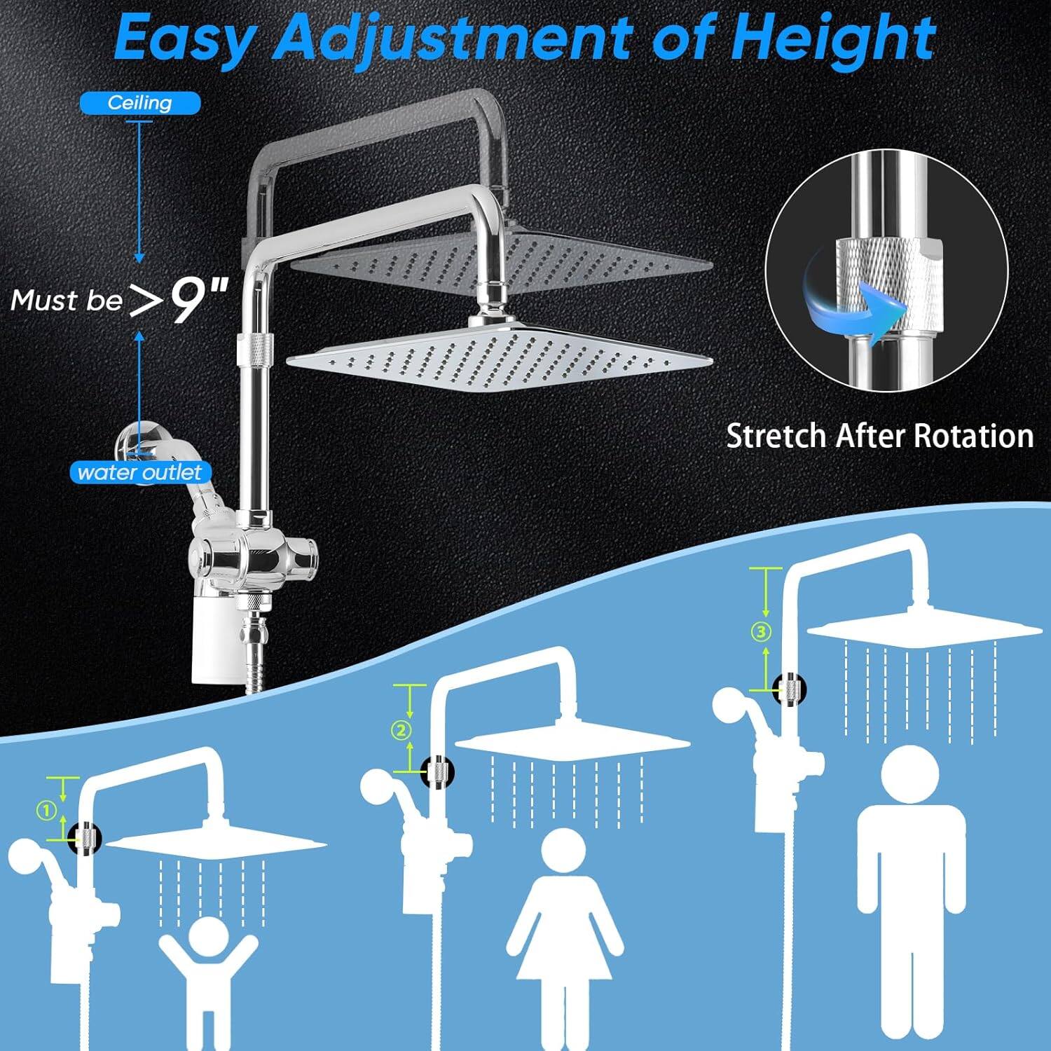 Easy Adjustment of Height  
Ceiling Must be >9"  
water outlet  
Stretch After Rotation  
1  
2  
3