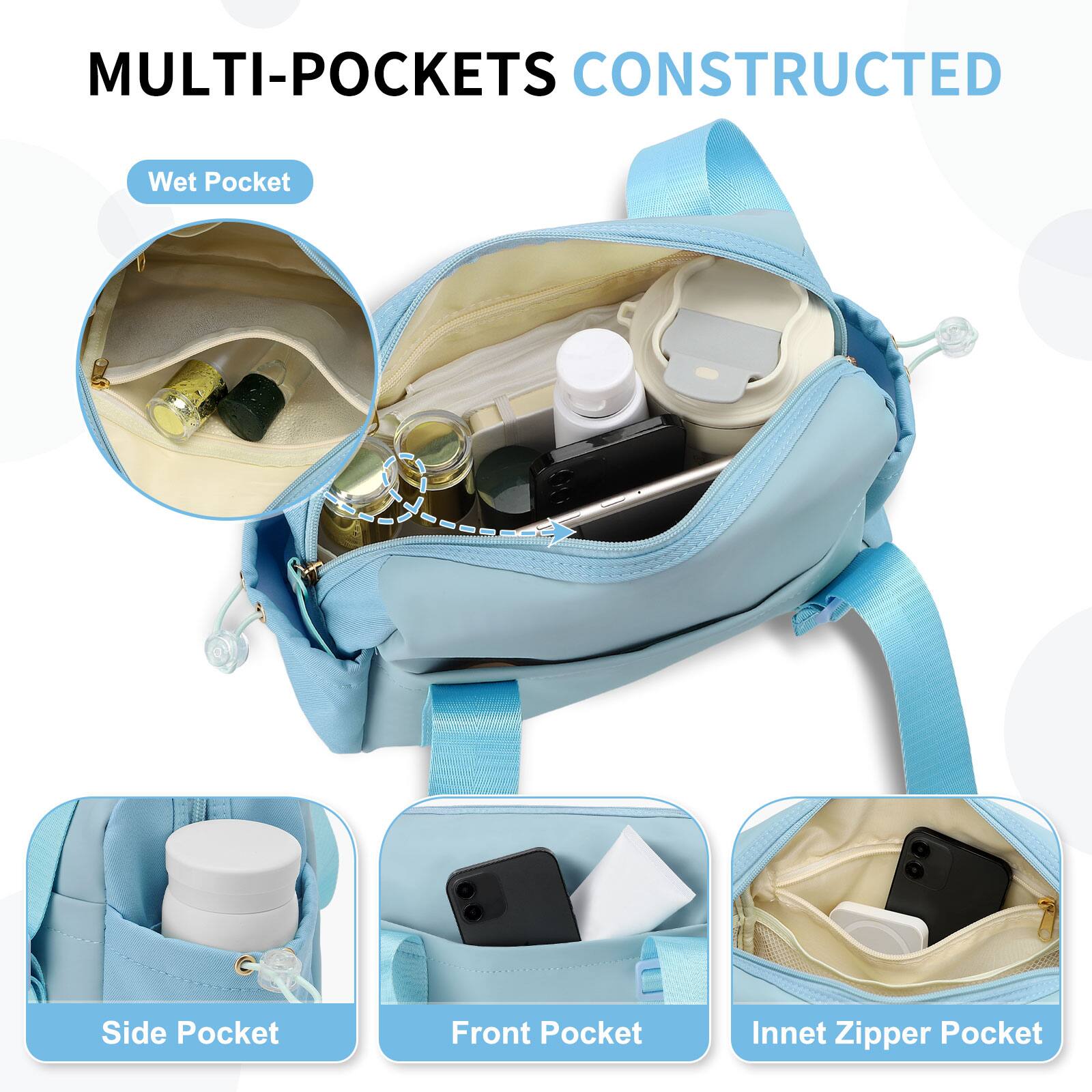 MULTI-POCKETS CONSTRUCTED

- Wet Pocket
- Side Pocket
- Front Pocket
- Innet Zipper Pocket