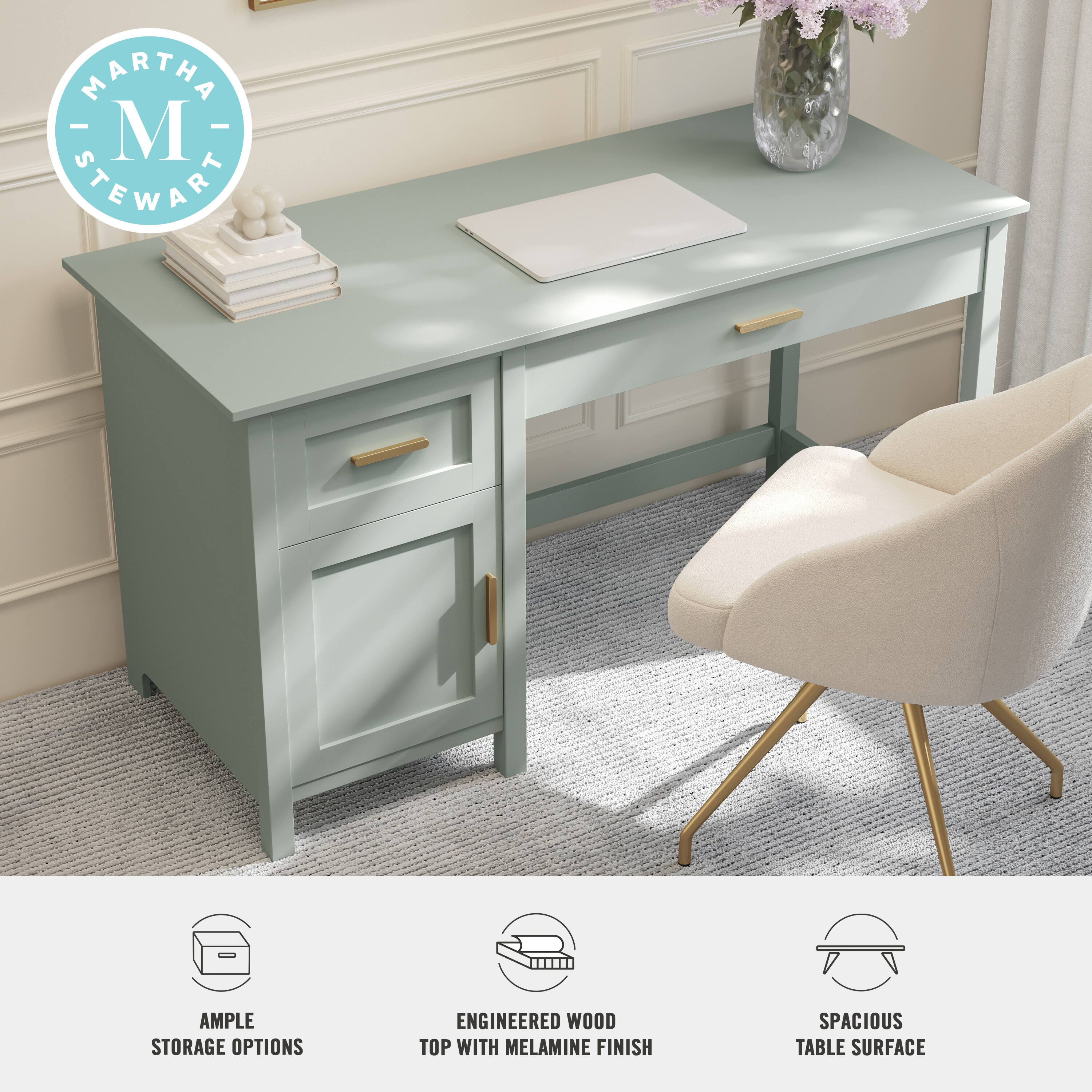 "Martha Stewart" desk with "ample storage options," "engineered wood top with melamine finish," and "spacious table surface."