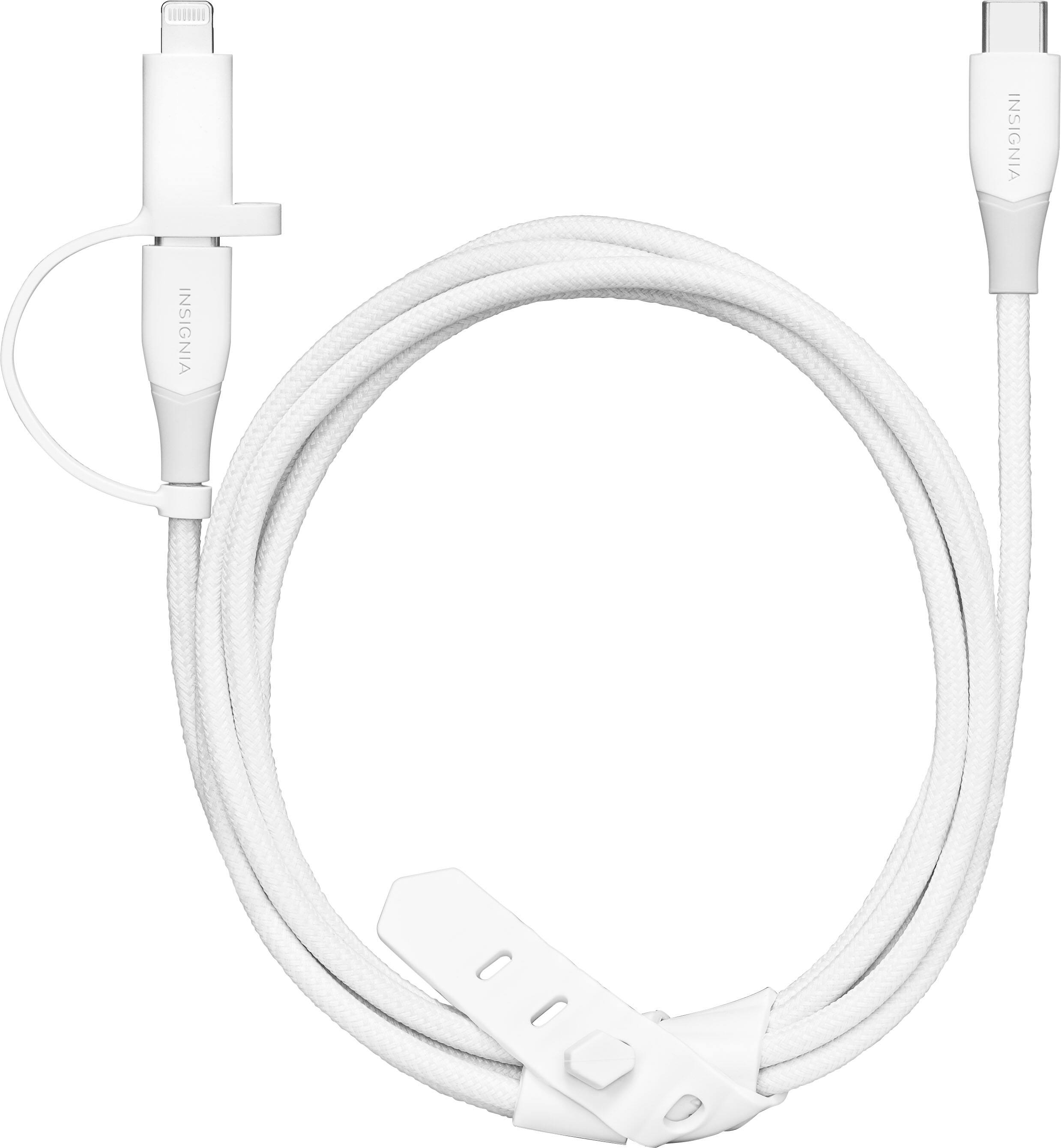 The image shows a white cord with a white plug on one end and a white connector on the other end. The cord is white and long, and it appears to be a charging cord for an electronic device. The plug and connector are both white, and they are attached to the cord. The cord is likely used for charging or connecting the device to another device or power source.