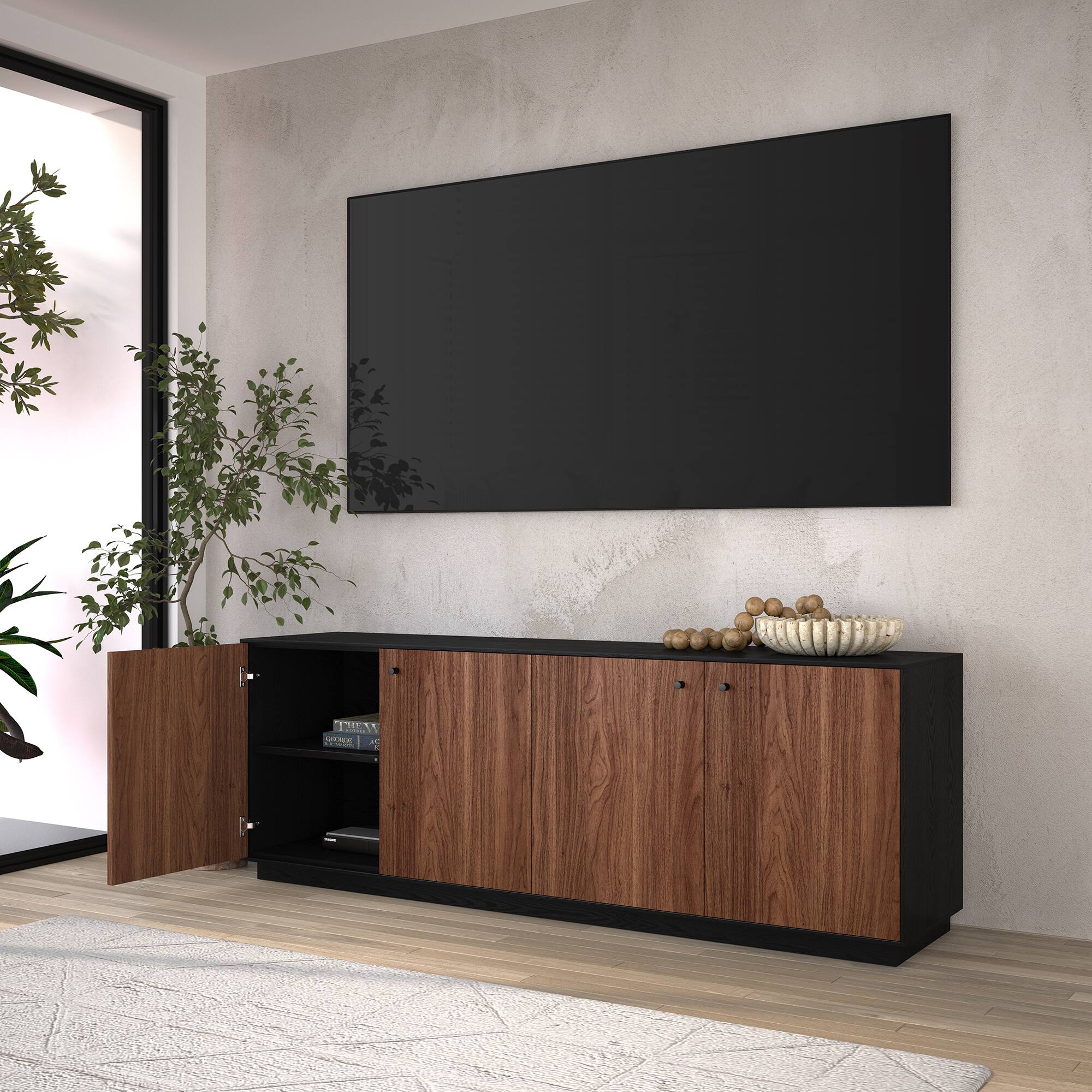 Alt View 4. Hudson&Canal - Lillian Rectangular TV Stand for TV's up to 75" in Black Grain/Satin Walnut - Black Grain/Satin Walnut.