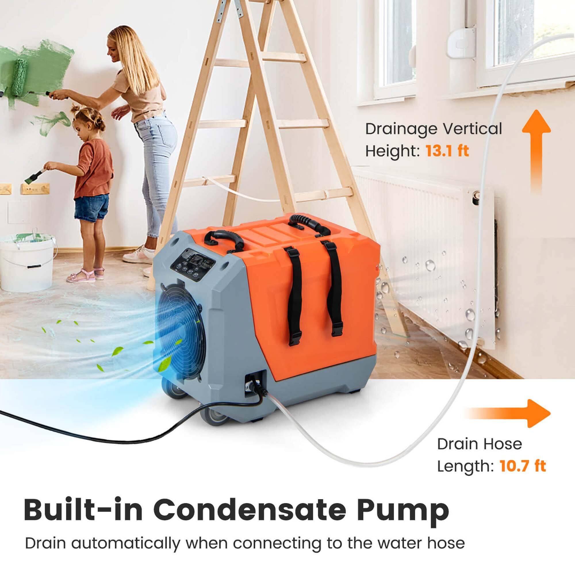 Built-in Condensate Pump: Drain automatically when connecting to the water hose. Drainage Vertical Height: 13.1 ft. Drain Hose Length: 10.7 ft.