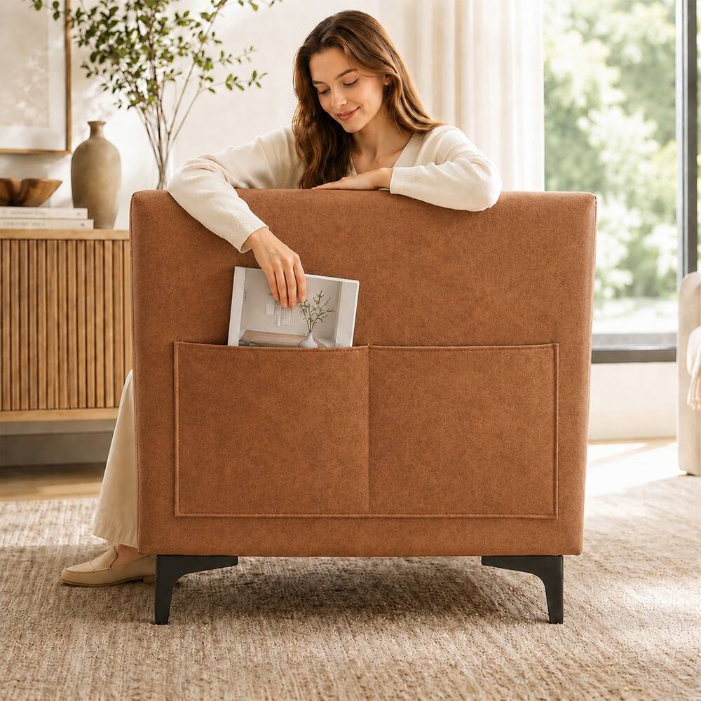 Alt View 1. Loheer - Loheer 78.5-Inch Brown Faux Leather Sofa, Mid-Century Modern 3-Seater Couch with Button Tufted Deep Seat - Brown.