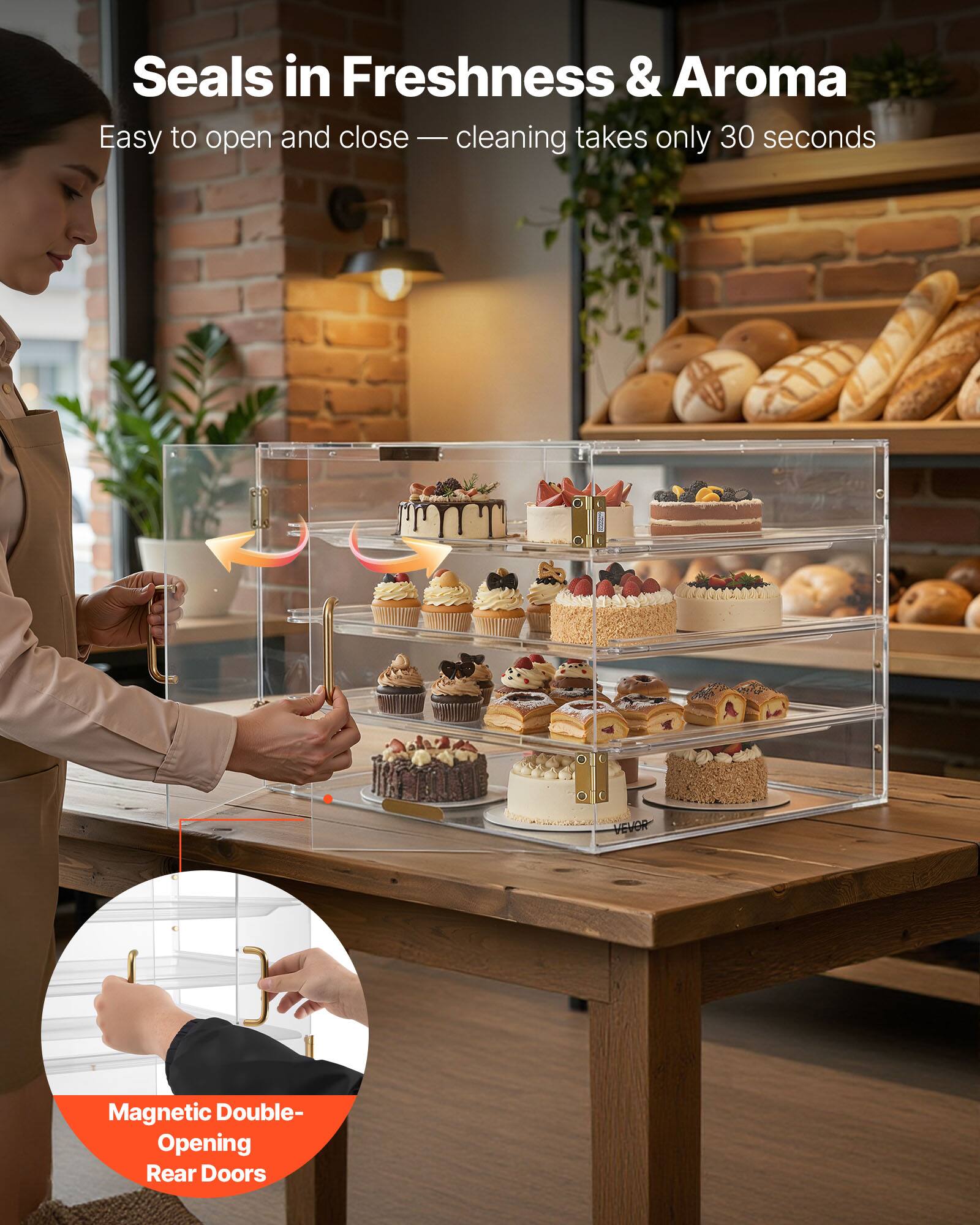 Seals in Freshness & Aroma  
Easy to open and close — cleaning takes only 30 seconds  

Magnetic Double-Opening Rear Doors