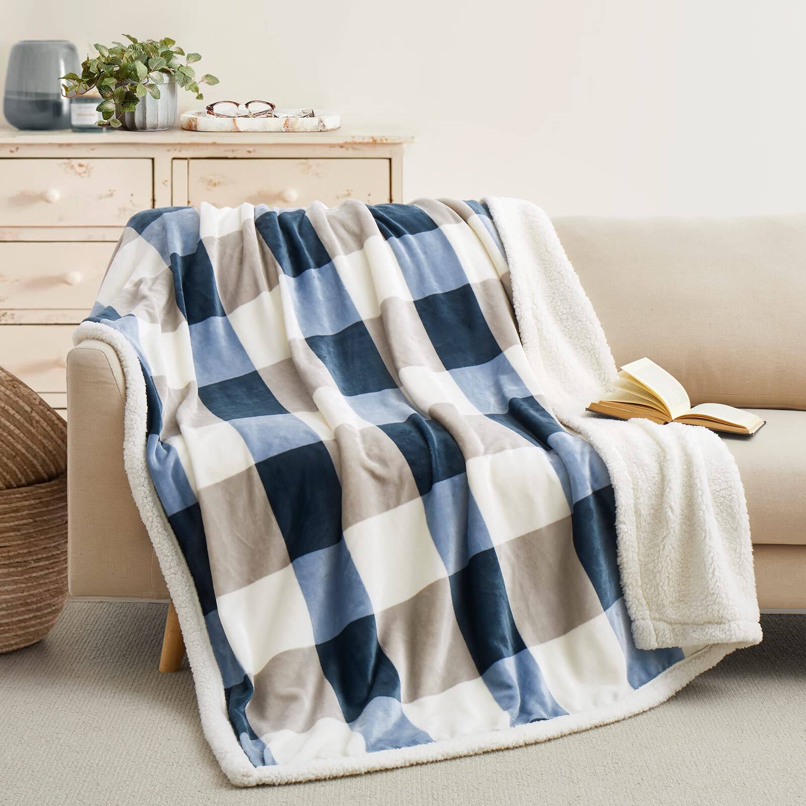 Alt View 8. ThinkLink Electronic - Sherpa Blanket Fleece Throw For Couch  Flannel Cozy Thick Warm Soft Bed Gray-soft Blue 60x80 Inches - Beige-1 60"*80" Checkered.