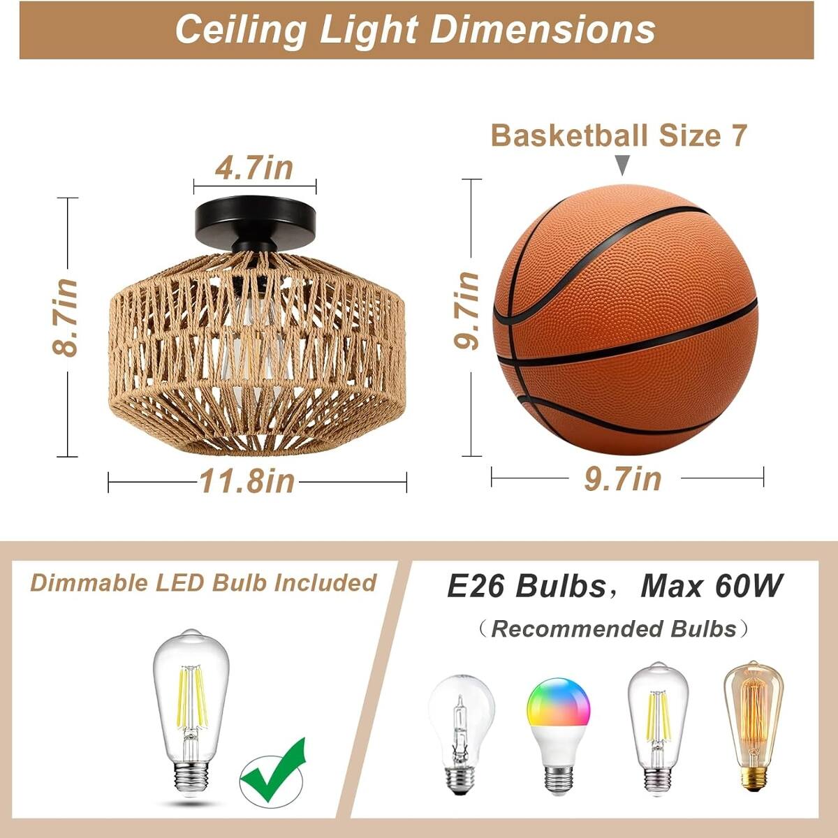 Loheer Boho Flush Mount Ceiling Light, Mini Rattan Chandelier with ...