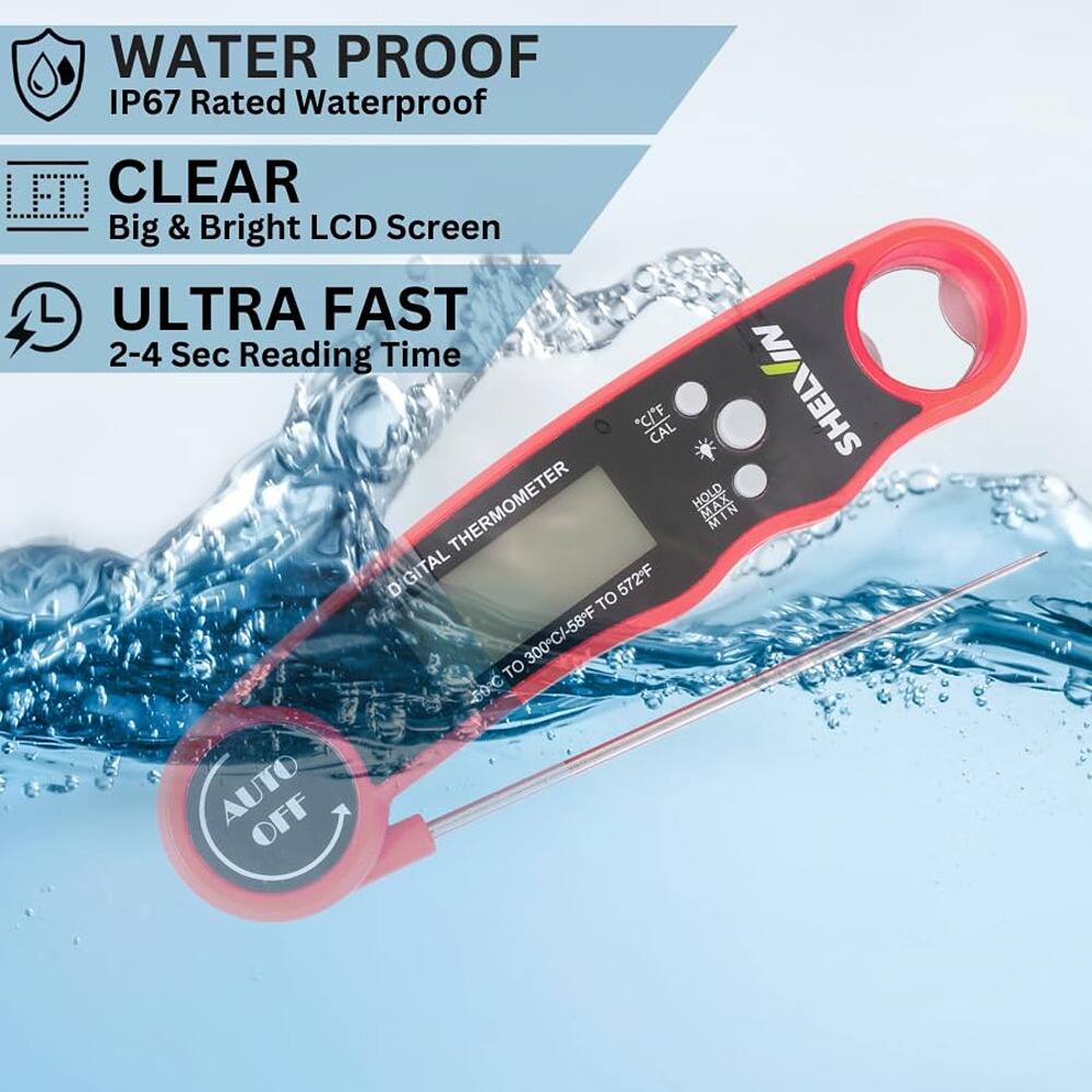 Sure, here is the corrected and grouped text from the image:

---

**WATER PROOF**  
IP67 Rated Waterproof

**CLEAR**  
Big & Bright LCD Screen

**ULTRA FAST**  
2-4 Sec Reading Time

**DIGITAL THERMOMETER**  
-58°F TO 300°F  
-50°C TO 150°C

**AUTO OFF**

---

**SHAKEN**  
(Logo on the thermometer)

---

**HOLD MAX MIN**  
(Buttons on the thermometer)

---