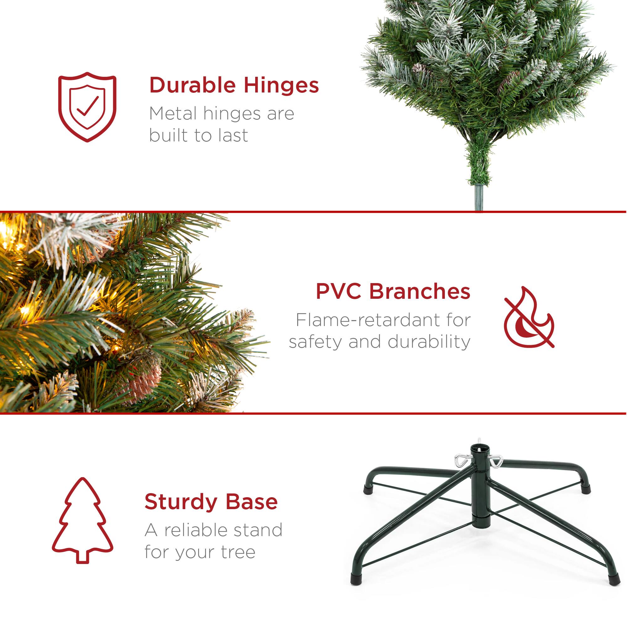 Durable Hinges: Metal hinges are built to last.

PVC Branches: Flame-retardant for safety and durability.

Sturdy Base: A reliable stand for your tree.