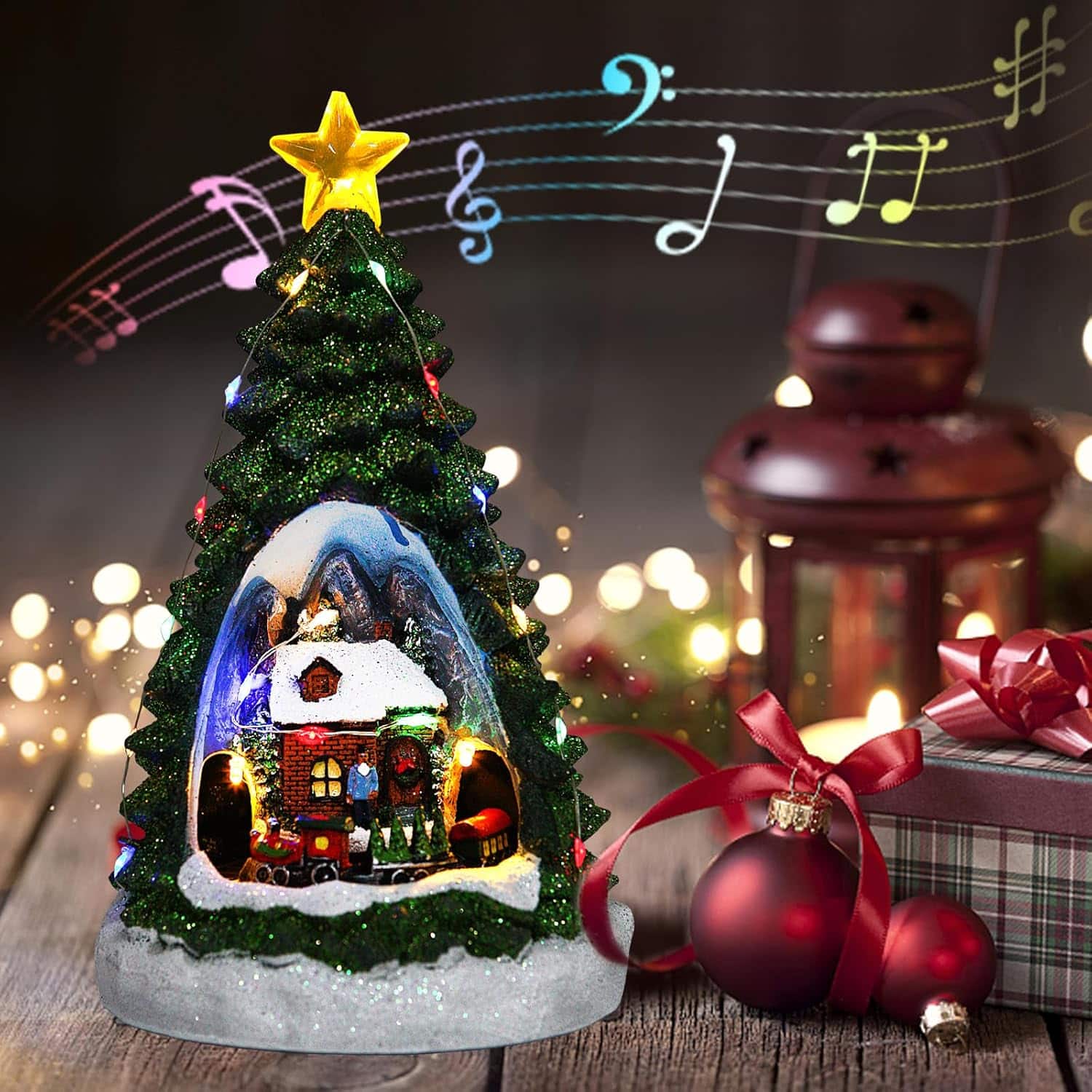 Auledio - Christmas Collectibles Building Village House,Music box, Christmas Train Come with Xmas Gift,Battery-powered - Green