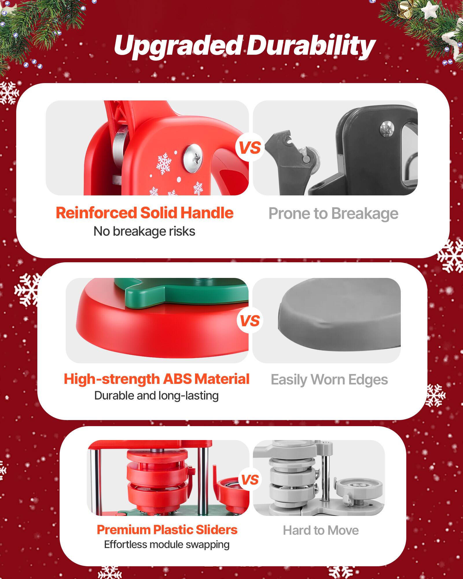 Upgraded Durability

- Reinforced Solid Handle
  - No breakage risks
  - Prone to Breakage

- High-strength ABS Material
  - Durable and long-lasting
  - Easily Worn Edges

- Premium Plastic Sliders
  - Effortless module swapping
  - Hard to Move