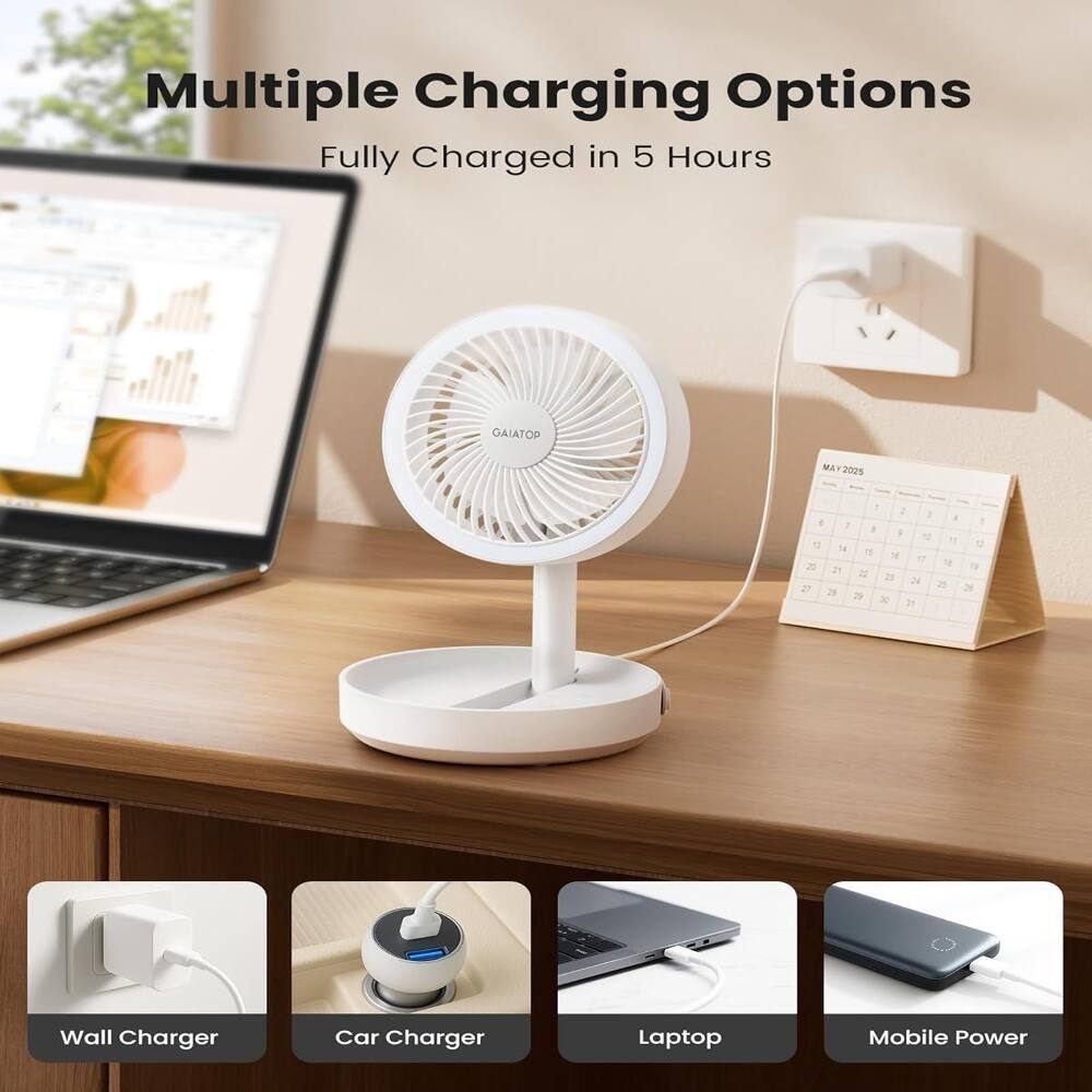 Multiple Charging Options  
Fully Charged in 5 Hours  

GAIATOP  
MAY 2025  

2 1 . 1 1 1 1 . 10 11 12  
TH 1 M 17 20 1 21 22 23 24 27 2 2 2a 25 J 21  

Wall Charger  
Car Charger  
Laptop  
Mobile Power