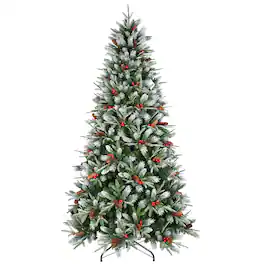 Boyel Living - 5 ft. Christmas Tree with 1131 Tips Snow Dusted PE PVC Hinged with Red Berries Pine Cones and Metal Stand - Green,White