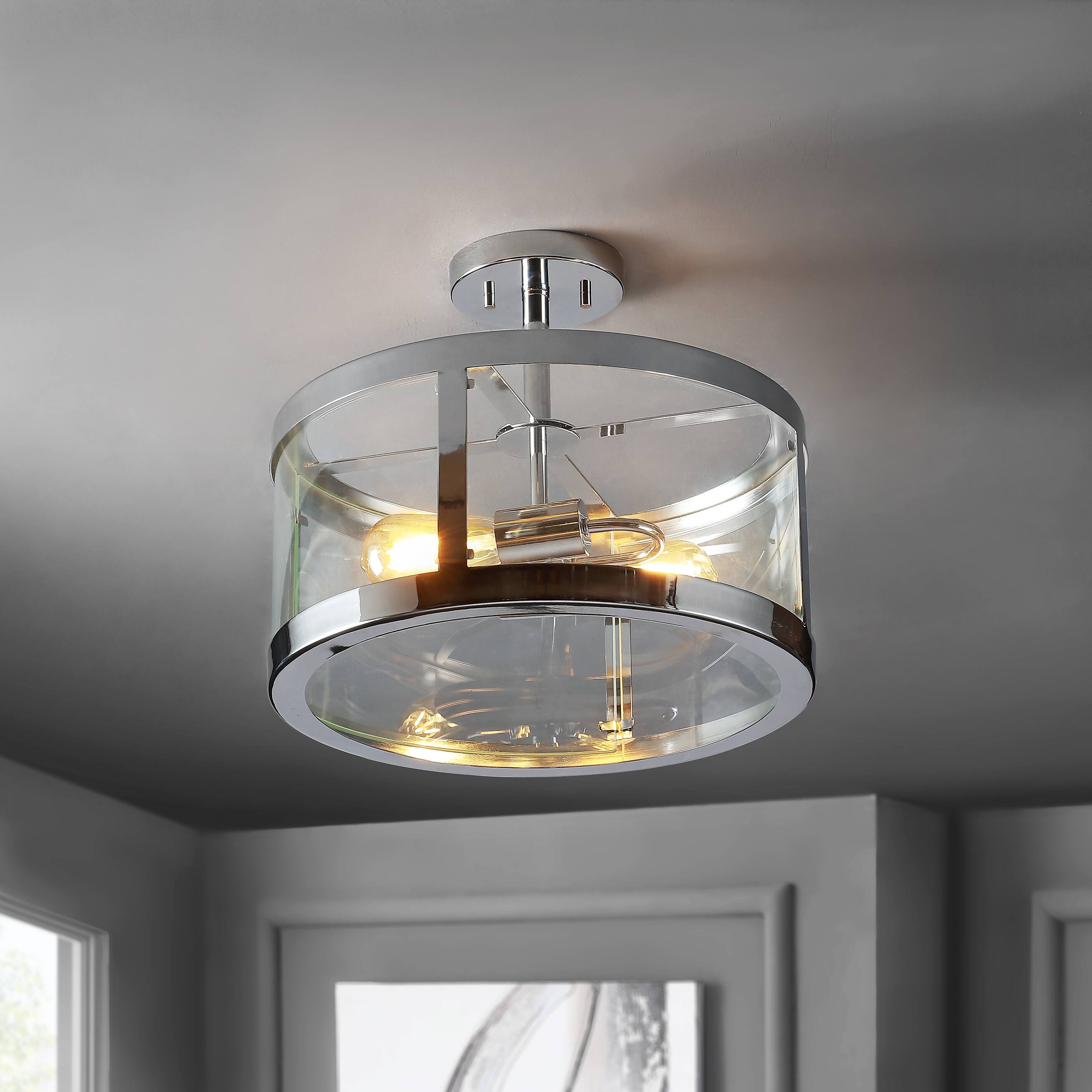 Alt View 1. Jonathan Y - Herndon 2-Light 15" Iron/Glass Modern LED Flush Mount, Chrome - Chrome/Clear.