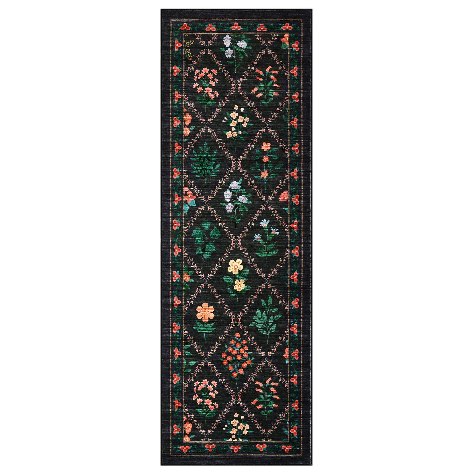 Jojoka - Geometric Pastoral Flower Pattern Washable Area Rug Modern Botanical Design with Non Slip Backing Rug for Home Decor - Black