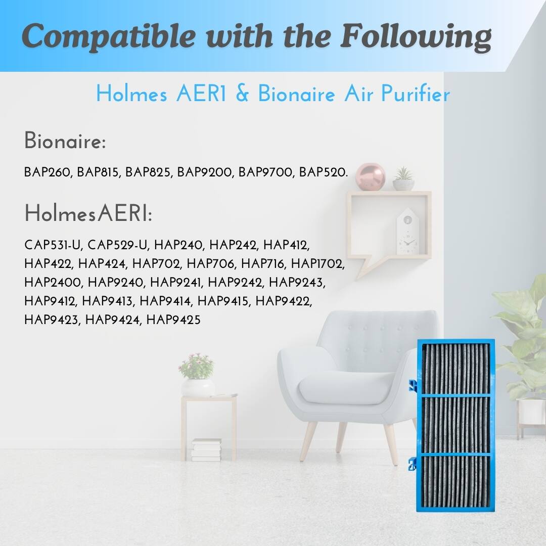 Compatible with the Following  
Holmes AERI & Bionaire Air Purifier  

Bionaire:  
BAP260, BAP815, BAP825, BAP9200, BAP9700, BAP520.  

Holmes AERI:  
CAP531-U, CAP529-U, HAP240, HAP242, HAP412, HAP422, HAP424, HAP702, HAP706, HAP716, HAP1702, HAP2400, HAP9240, HAP9241, HAP9242, HAP9243, HAP9412, HAP9413, HAP9414, HAP9415, HAP9422, HAP9423, HAP9424, HAP9425