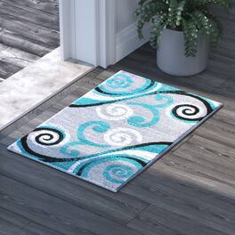 Emma + Oliver - Helix Scraped Look Ultra Soft Plush Pile Olefin Accent Rug in Swirl Pattern, Jute Backing - Turquoise