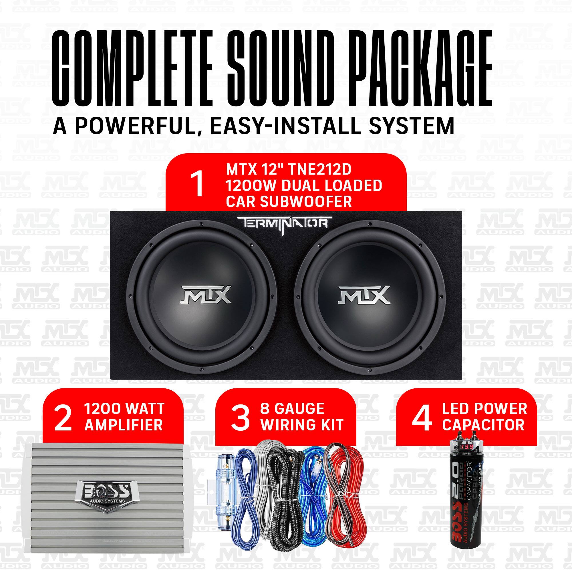 COMPLETE SOUND PACKAGE  
A POWERFUL, EASY-INSTALL SYSTEM  

1. MTX 12" TNE212D  
   1200W DUAL LOADED CAR SUBWOOFER  

2. 1200 WATT AMPLIFIER  

3. 8 GAUGE WIRING KIT  

4. LED POWER CAPACITOR