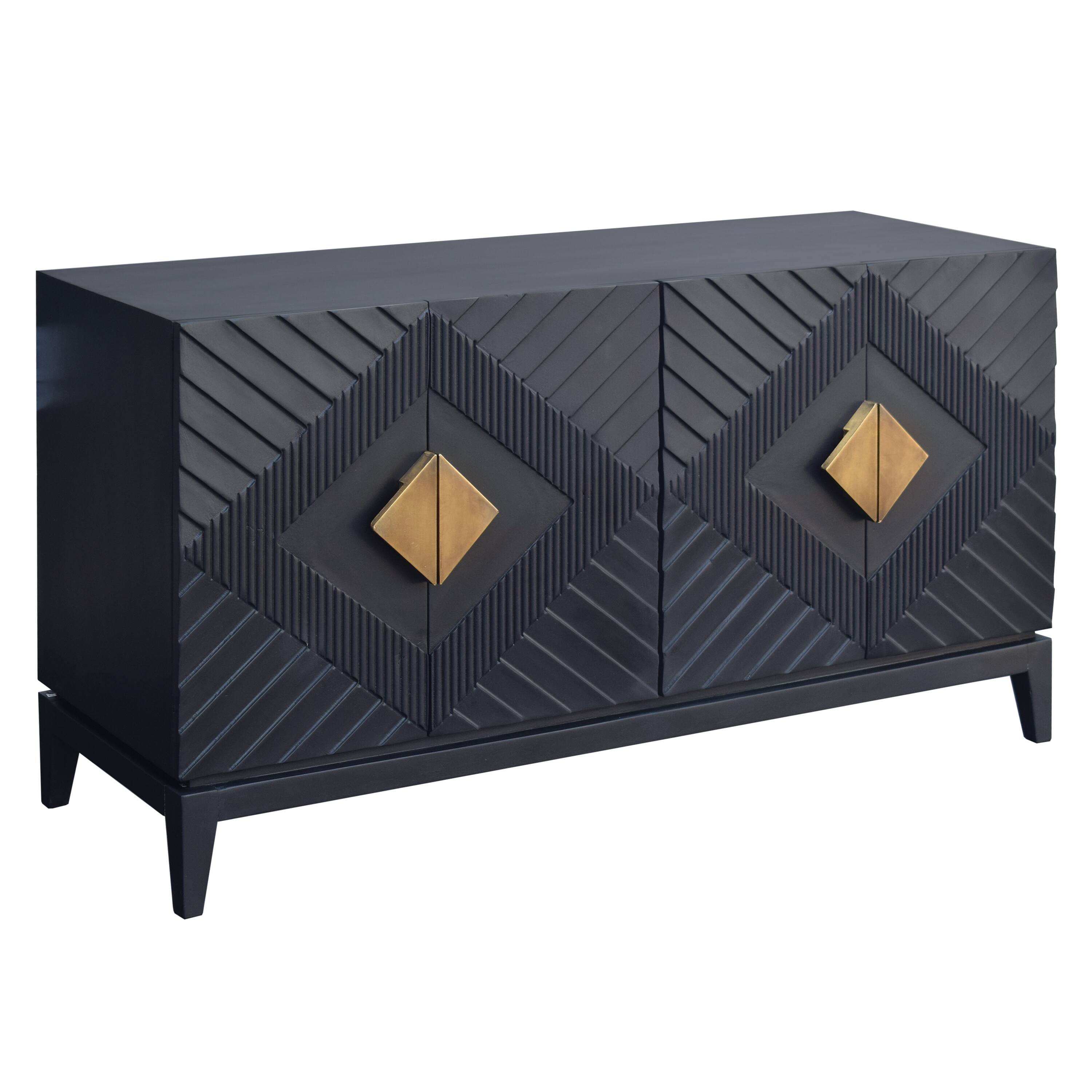 Alt View 1. Manhattan Lane - Abiel 55 Inch Sideboard Buffet Console with 2 Door Cabinet, Brass Coated Diamond Cut Handles - Black.