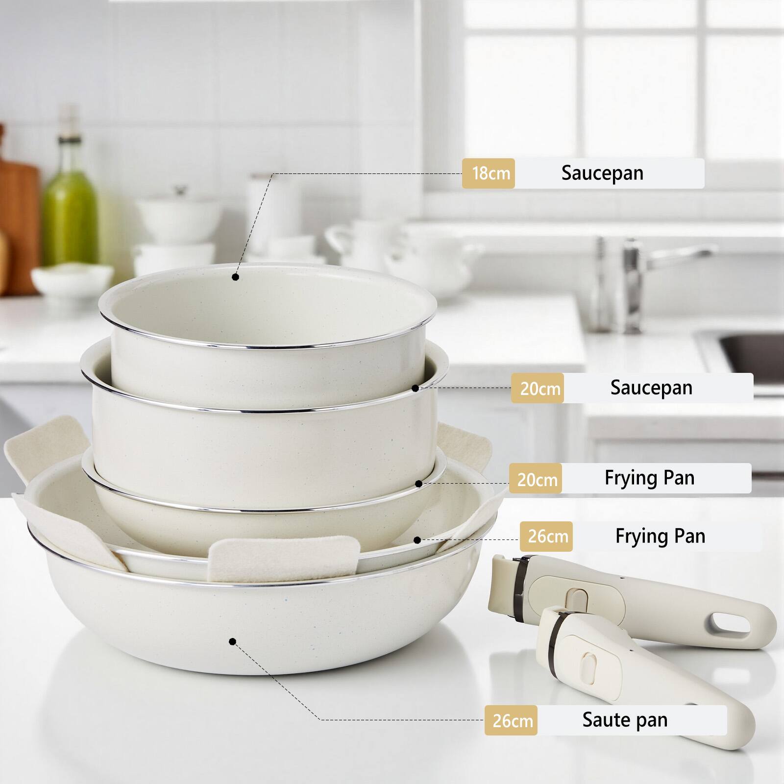 18cm Saucepan  
20cm Saucepan  
20cm Frying Pan  
26cm Frying Pan  
26cm Saute pan