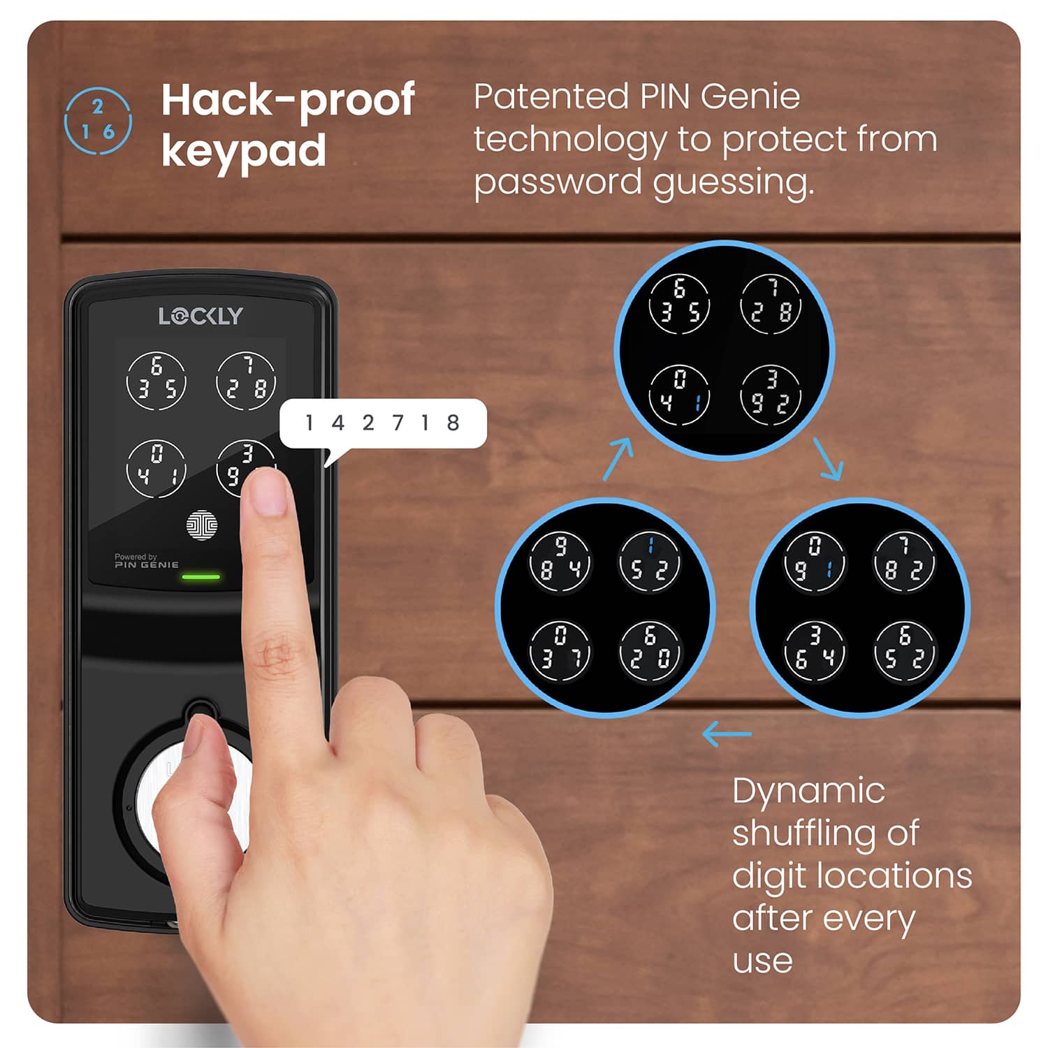 The text on the image is grouped and corrected as follows:
"Hack-proof Patented PIN Genie Technology to protect password guessing. LOCKLY Keypad:
1. 6 3 S 7 2 8 6 3 S 0 Y I
2. 1 2 8 3 9 1 4 2 7 1 8 0 Y I
3. 3 9 2 0 9 1 7 8 2 C 3 7 & 2 0 3 6 4 6 S 2
4. Dynamic shuffling of digit locations after every use."