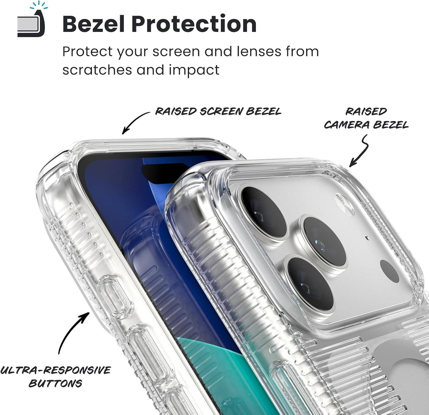 Bezel Protection

Protect your screen and lenses from scratches and impact

- RAISED SCREEN BEZEL
- RAISED CAMERA BEZEL
- ULTRA-RESPONSIVE BUTTONS