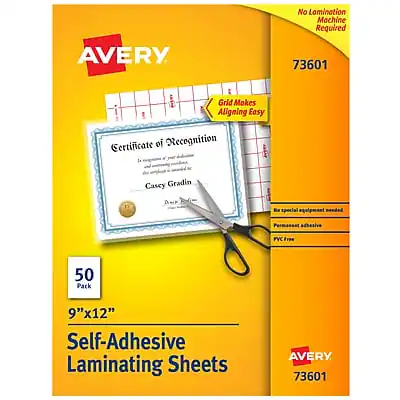 AVERY
No Lamination Machine Required
73601
Grid Makes Aligning Easy
Certificate of Recognition
Casey Gradin
No special equipment required
Permanent adhesive
PVC Free
50 Pack
9"x12"
Self-Adhesive Laminating Sheets
AVERY 73601