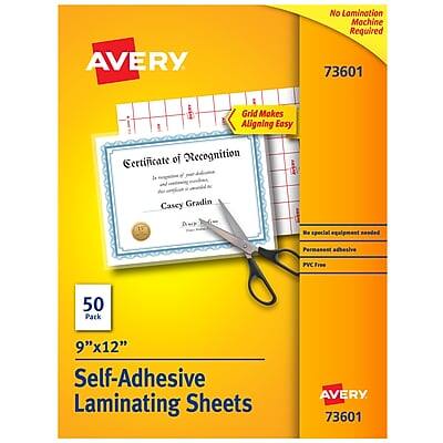AVERY  
No Lamination Machine Required  
73601  
Grid Makes Aligning Easy  
Certificate of Recognition  
Casey Gradin  
No special equipment required  
Permanent adhesive  
PVC Free  
50 Pack  
9"x12"  
Self-Adhesive Laminating Sheets  
AVERY 73601