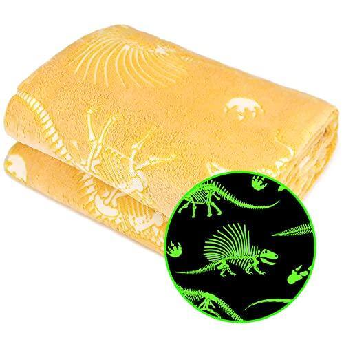 Front. Pacoar Cade - Glow In The Dark Blanket Dinosaur Throw For Soft Warm Cozy Cute Dino Dinosaurs Toys Gifts Gray Glowing Room Decor - Yellow Dinosaur-Throw Size 50" x 60"(130 x 150 cm.