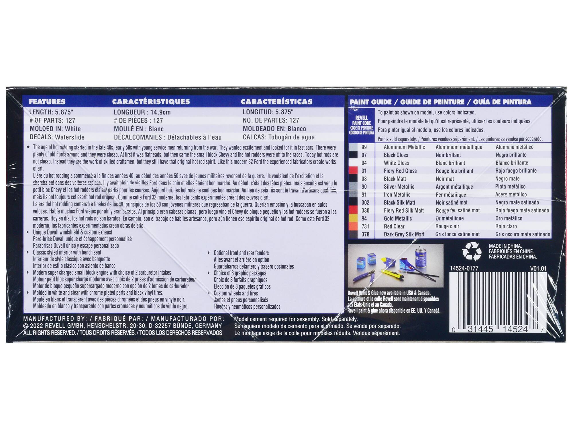 **FEATURES / CARACTERÍSTICAS / CARACTERÍSTICAS**

- **LENGTH:** 5.875" / **LONGUEUR:** 14.9cm / **LONGITUD:** 5.875"
- **# OF PARTS:** 127 / **# DE PIECES:** 127 / **NO. DE PARTES:** 127
- **MOLDED IN:** White / **MOULÉ EN:** Blanc / **MOLDEADO EN:** Blanco
- **DECALS:** Waterslide / **DECALCOMANIES:** Detachables / **CALCAS:** Tobogán de agua
- **PAINT GUIDE / GUIDE DE PEINTURE / GUÍA DE PINTURA**

  - **99** - Paint as shown on model, use colors indicated. / Peinture comme indiqué sur le modèle, utilisez les couleurs indiquées. / Pintura como se muestra en el modelo, utilice los colores indicados.
  - **07** - Black Gloss / Noir brillant / Negro brillante
  - **04** - White Gloss / Blanc brillant / Blanco brillante
