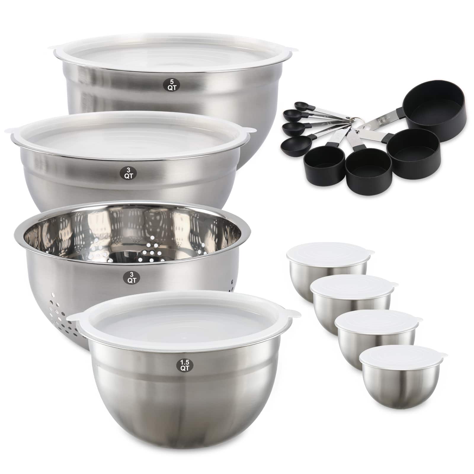 KOOMADE - 23 Pcs Mixing Bowl Set Baking Stainless Steel Bowls Pasta with Lid Lids Egg Beating - Silver