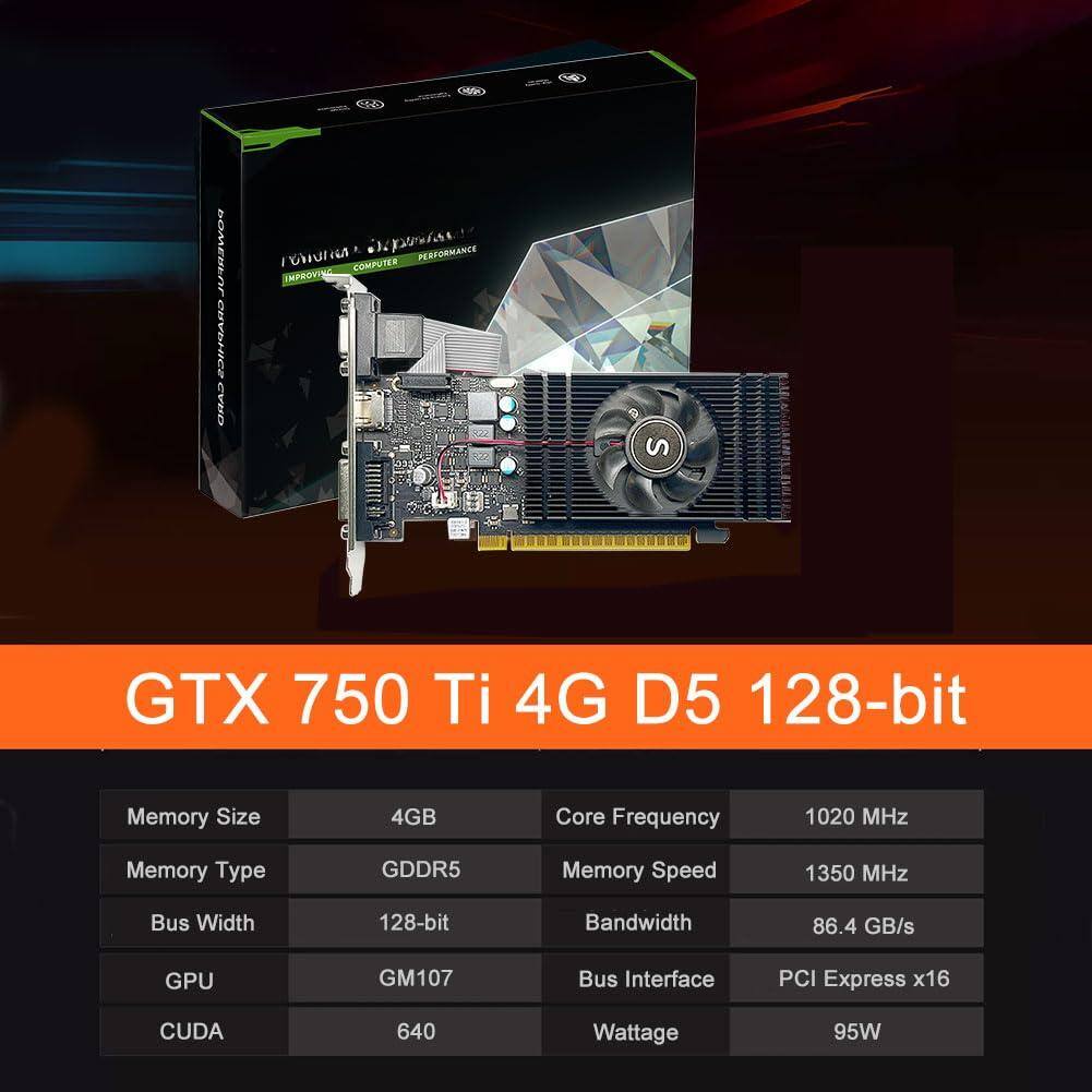 Sure, here is the corrected and grouped text:

---

**GTX 750 Ti 4G D5 128-bit**

- **Memory Size:** 4GB
- **Memory Type:** GDDR5
- **Bus Width:** 128-bit
- **GPU:** GM107
- **CUDA:** 640
- **Core Frequency:** 1020 MHz
- **Memory Speed:** 1350 MHz
- **Bandwidth:** 86.4 GB/s
- **Bus Interface:** PCI Express x16
- **Wattage:** 95W

---

This text is organized to clearly present the specifications of the GTX 750 Ti graphics card.