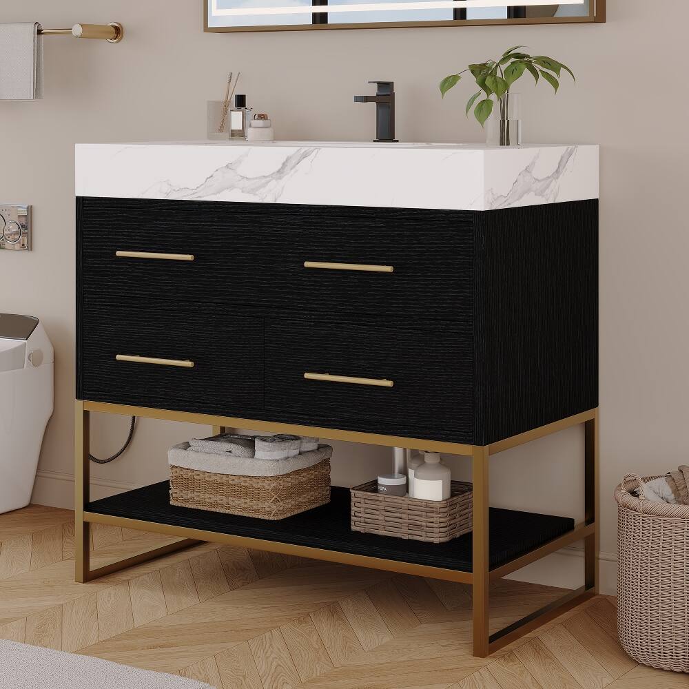 Alt View 2. Loheer - Loheer 36 inch bathroom vanity with Sintered Stone Top, Freestanding Sink Cabinet, Black/White - Black, White.