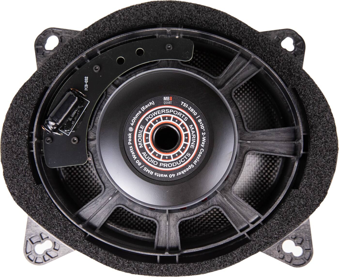 The text on the image reads: "PRST 6 PCB-032 MB Quart (Each) TS1-2810 40hms POWERSPORTS + - C 8x10 Peak MOBILE MARINE 2-Way Watts AUDIO Coaxial 80 I RMS PRODUCTS Speaker watts 40."