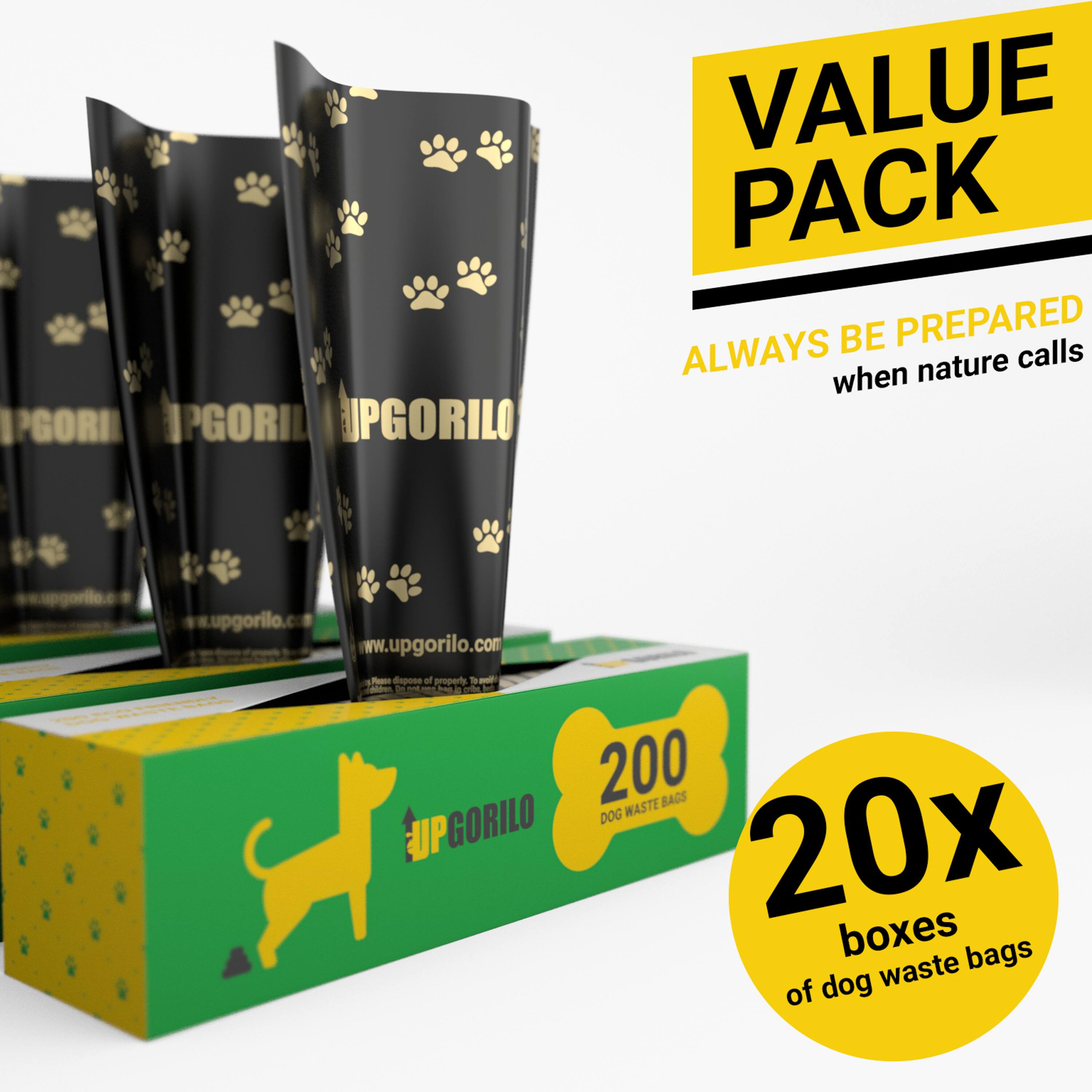 UPGORILO VALUE PACK  
ALWAYS BE PREPARED when nature calls  
www.upgorilo.com  

200 BAGS  
DOG WASTE BAGS  

20x boxes of dog waste bags