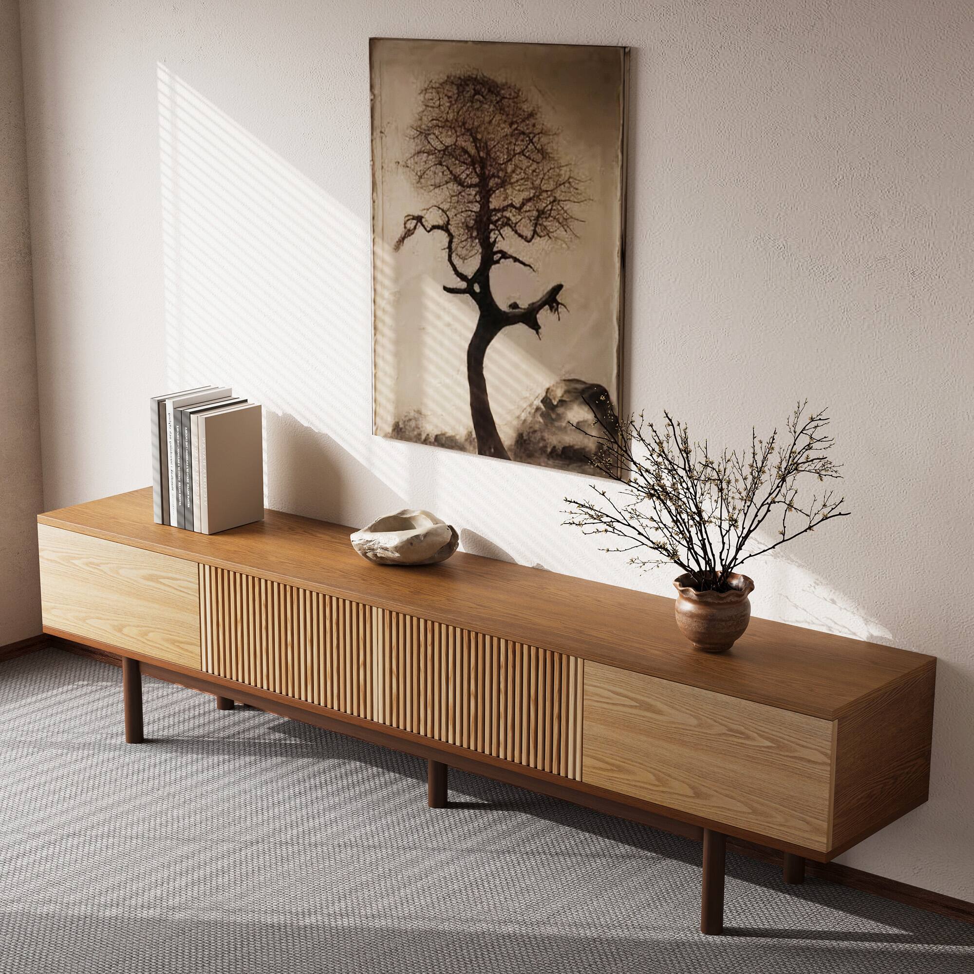 Left. luck idea - 86.6" Solid Wood TV Stand and Media Console with Ample Storage Space for Living Room - Natural Color.