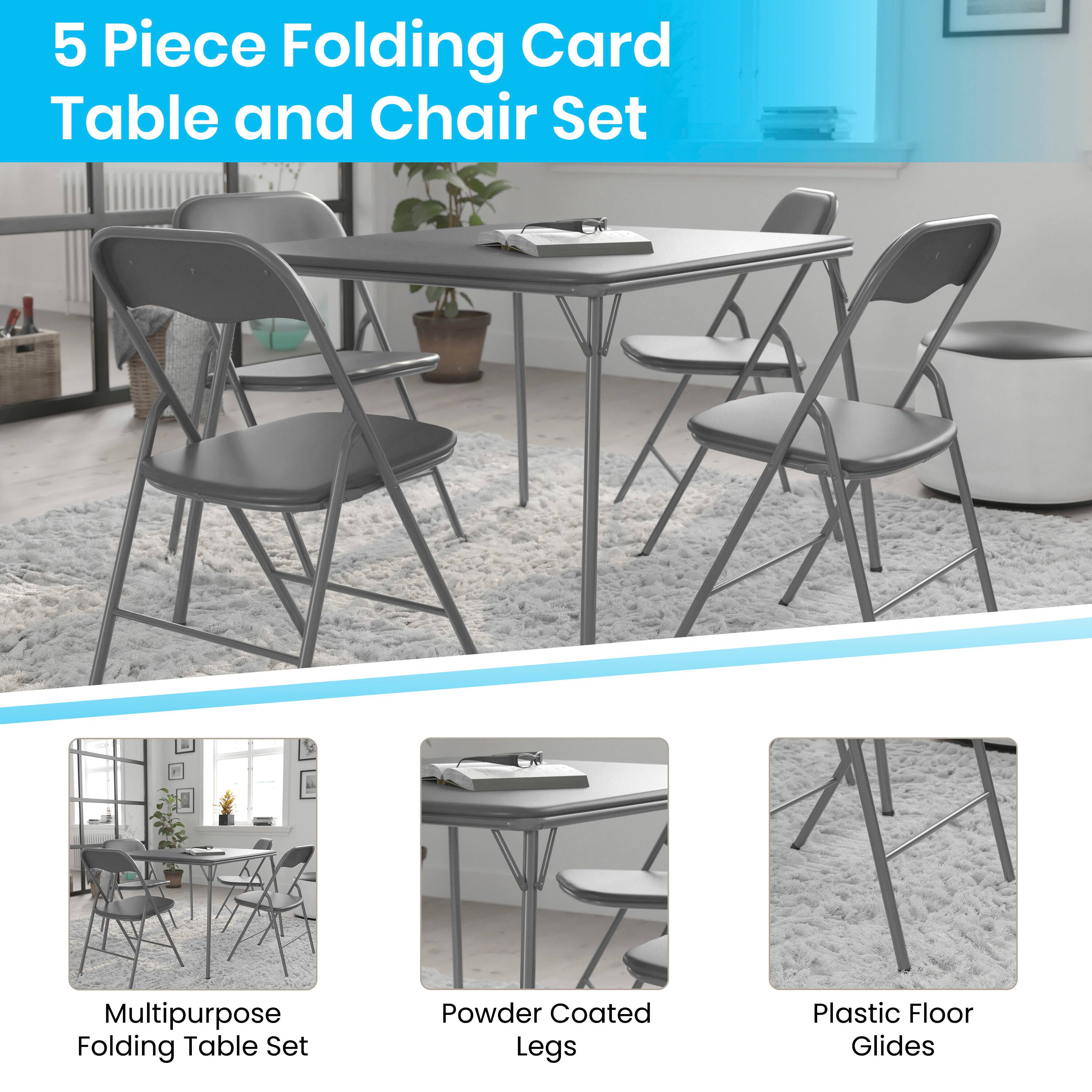 5 Piece Folding Card Table and Chair Set

- Multipurpose Folding Table Set
- Powder Coated Legs
- Plastic Floor Glides