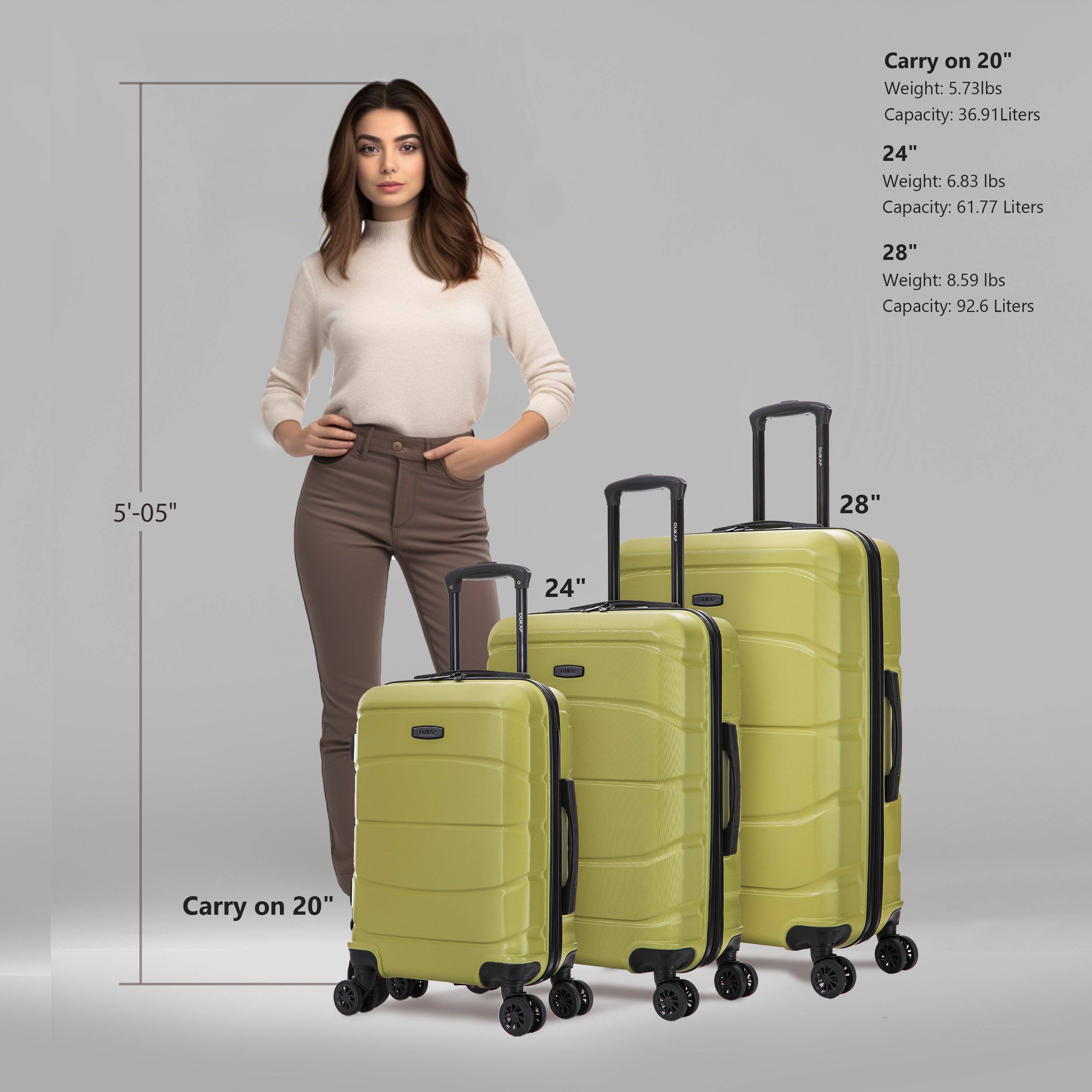 - Carry on 20"
  - Weight: 5.73 lbs
  - Capacity: 36.91 Liters

- 24"
  - Weight: 6.83 lbs
  - Capacity: 61.77 Liters

- 28"
  - Weight: 8.59 lbs
  - Capacity: 92.6 Liters

- 5'-05"