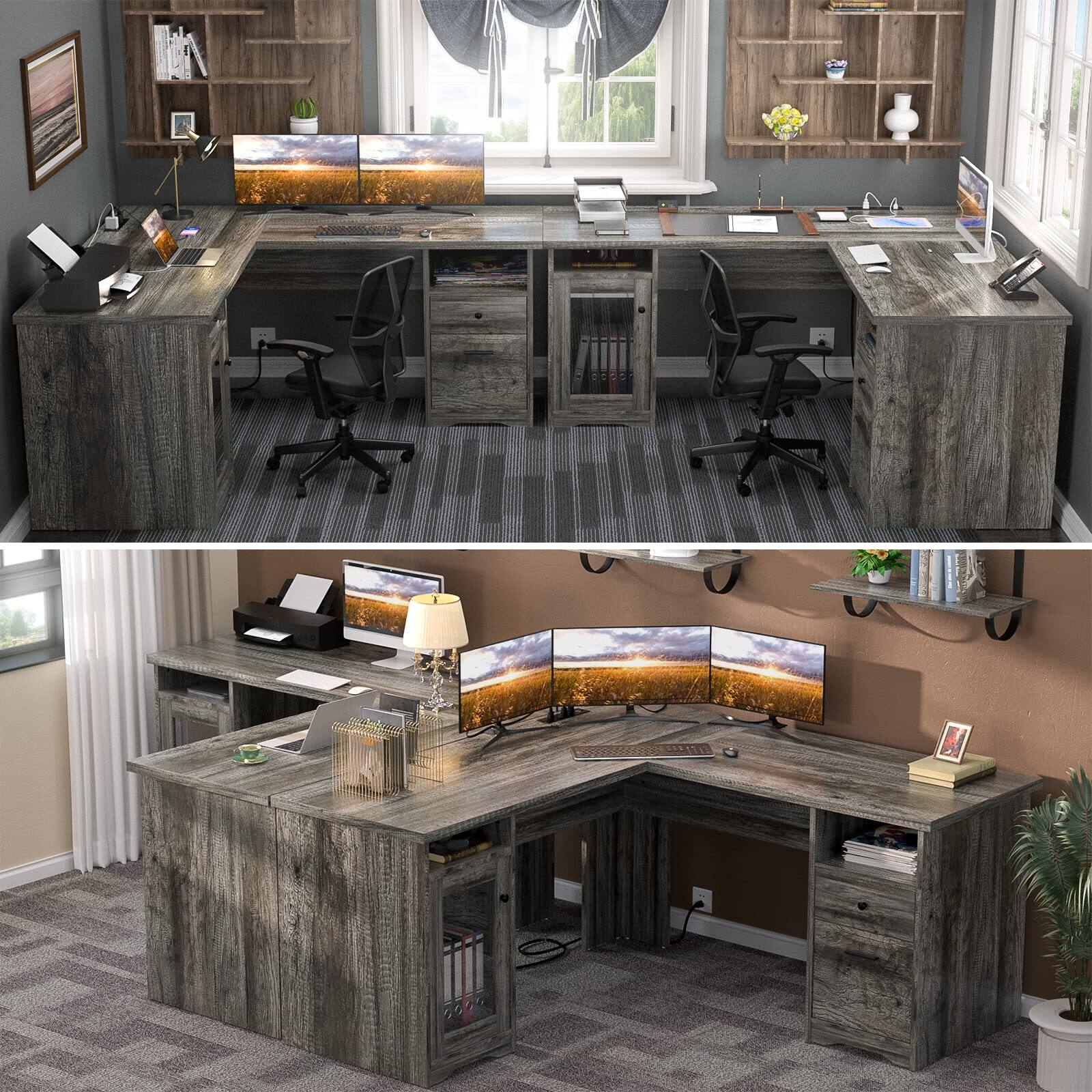 Alt View 1. Aheaplus - 60"L-Shaped Corner Desk - Sturdy 2-Person Executive Desk with Storage/File Cabinets & Power/USB Ports - Gray Oak.
