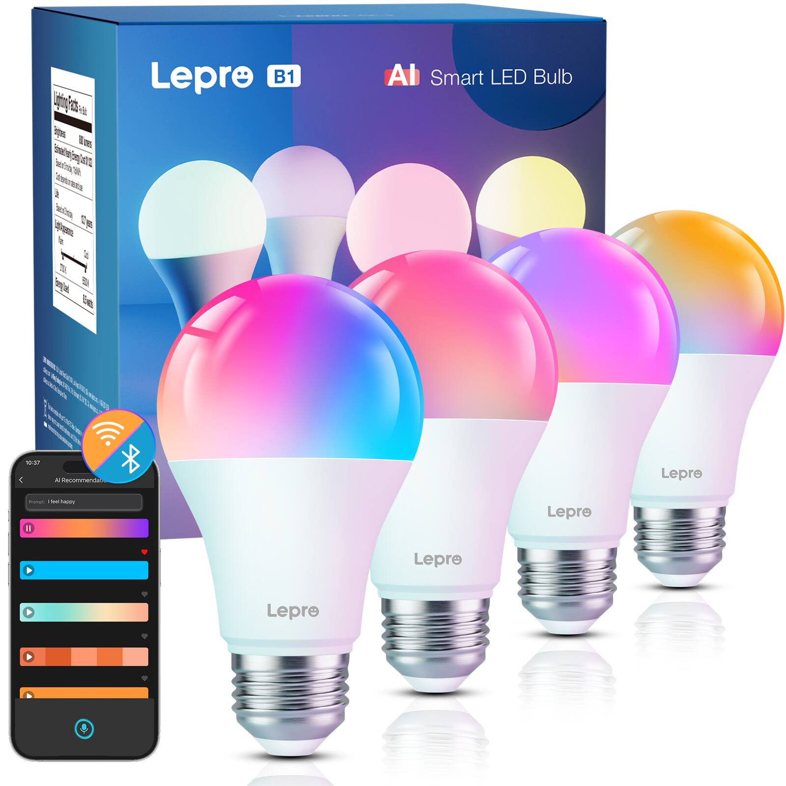 Lepro - B1 AI Smart LED Light Bulbs - Color Changing - 4-Pack - RGBWW