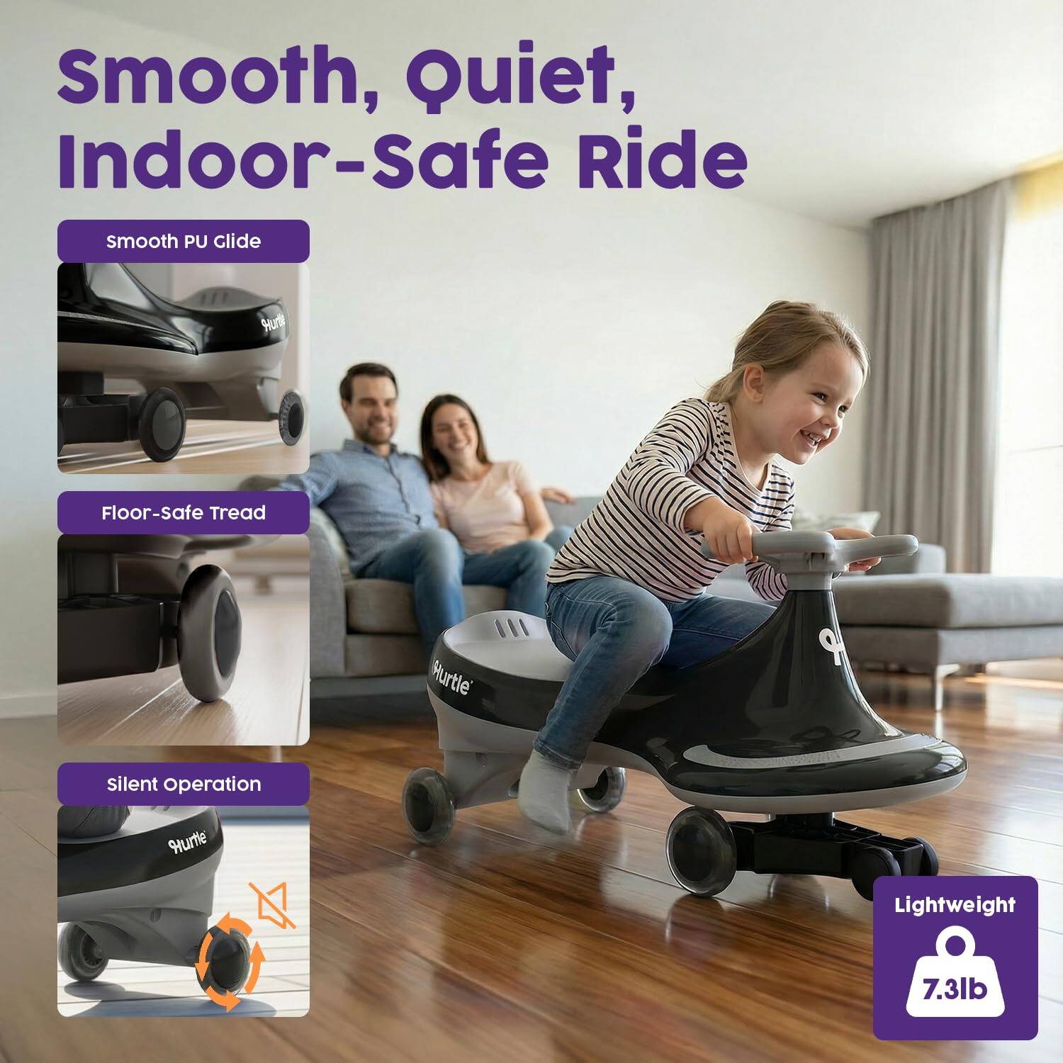 Smooth, Quiet, Indoor-Safe Ride

- Smooth PU Glide
- Floor-Safe Tread
- Silent Operation
- Lightweight 7.3lb