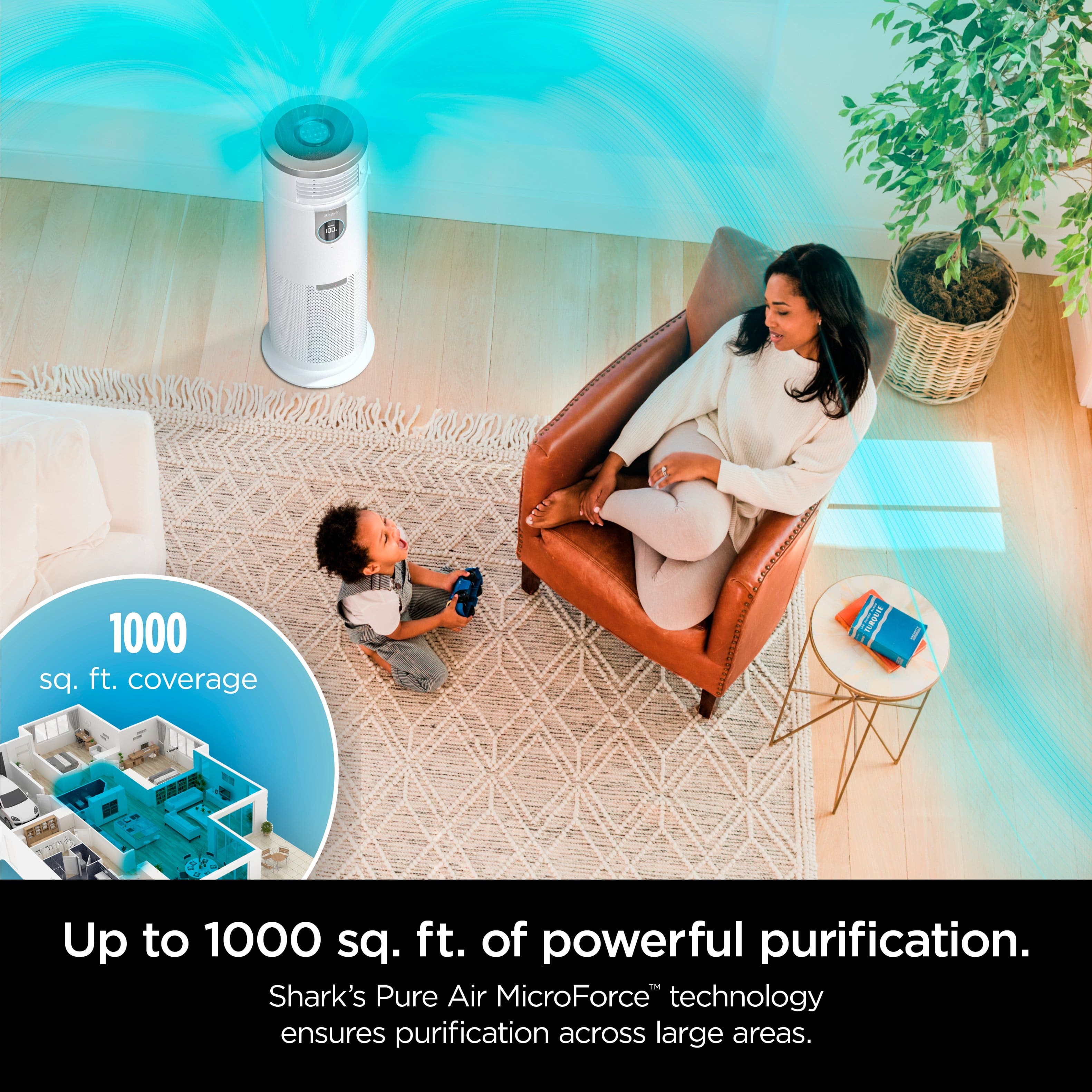Up to 1000 sq. ft. of powerful purification. Shark's Pure Air MicroForce technology ensures purification across large areas.