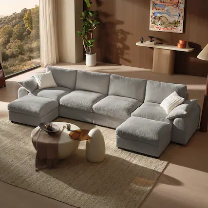 Front. ModernMate - 4-Seat Chenille Cloud Modular Sectional, Down-Blend Cushions, Tool-Free Assembly, Machine-Washable Covers - Gray-U-Shaped.