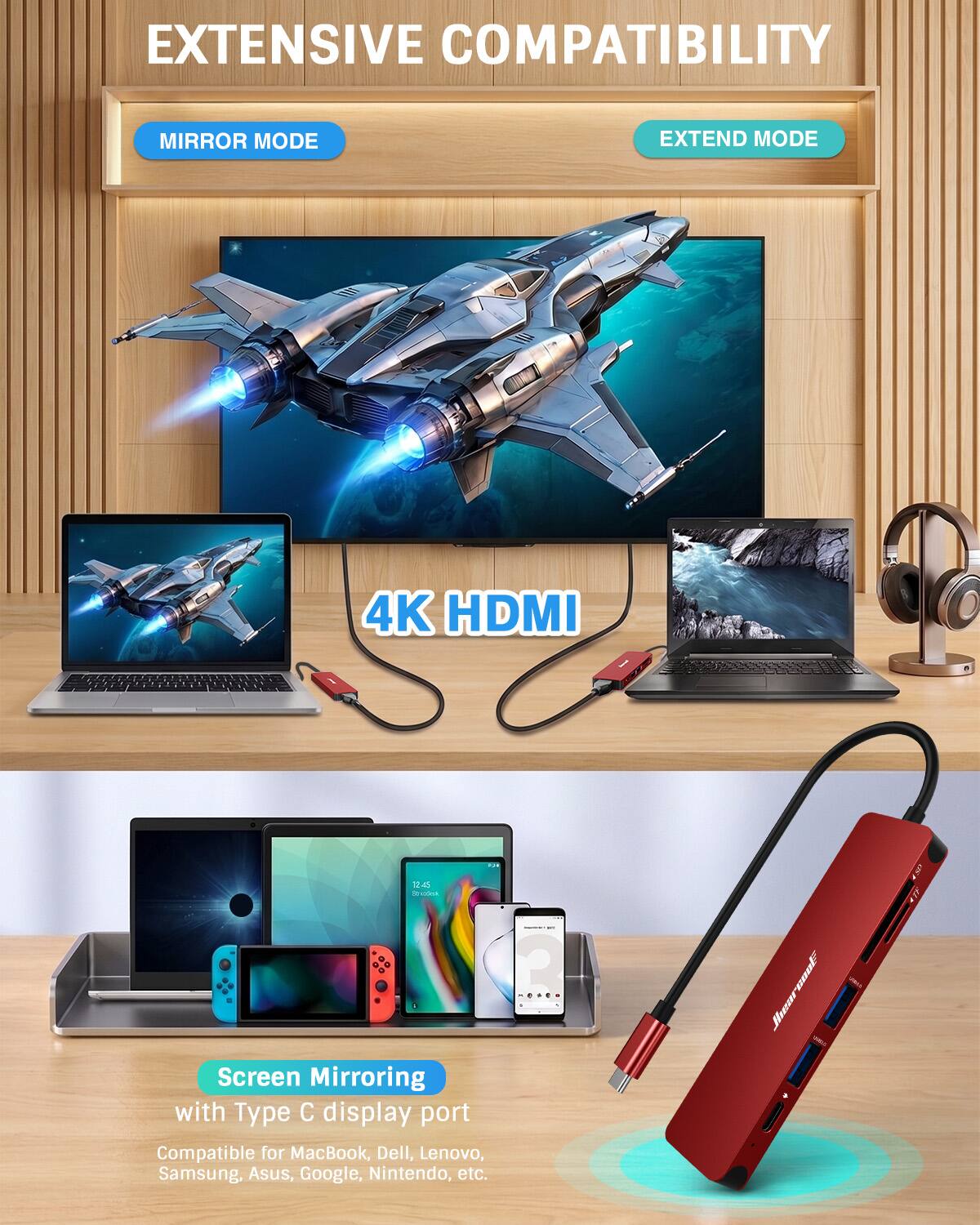 EXTENSIVE COMPATIBILITY

MIRROR MODE
EXTEND MODE
4K HDMI

Screen Mirroring with Type C display port
Compatible for MacBook, Dell, Lenovo, Samsung, Asus, Google, Nintendo, etc.